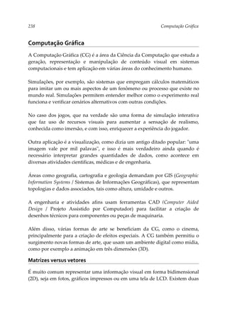 238 Computação Gráfica
Computação Gráfica
A Computação Gráfica (CG) é a área da Ciência da Computação que estuda a
geração, representação e manipulação de conteúdo visual em sistemas
computacionais e tem aplicação em várias áreas do conhecimento humano.
Simulações, por exemplo, são sistemas que empregam cálculos matemáticos
para imitar um ou mais aspectos de um fenômeno ou processo que existe no
mundo real. Simulações permitem entender melhor como o experimento real
funciona e verificar cenários alternativos com outras condições.
No caso dos jogos, que na verdade são uma forma de simulação interativa
que faz uso de recursos visuais para aumentar a sensação de realismo,
conhecida como imersão, e com isso, enriquecer a experiência do jogador.
Outra aplicação é a visualização, como dizia um antigo ditado popular: "uma
imagem vale por mil palavas", e isso é mais verdadeiro ainda quando é
necessário interpretar grandes quantidades de dados, como acontece em
diversas atividades cientificas, médicas e de engenharia.
Áreas como geografia, cartografia e geologia demandam por GIS (Geographic
Information Systems / Sistemas de Informações Geográficas), que representam
topologias e dados associados, tais como altura, umidade e outros.
A engenharia e atividades afins usam ferramentas CAD (Computer Aided
Design / Projeto Assistido por Computador) para facilitar a criação de
desenhos técnicos para componentes ou peças de maquinaria.
Além disso, várias formas de arte se beneficiam da CG, como o cinema,
principalmente para a criação de efeitos especiais. A CG também permitiu o
surgimento novas formas de arte, que usam um ambiente digital como mídia,
como por exemplo a animação em três dimensões (3D).
Matrizes versus vetores
É muito comum representar uma informação visual em forma bidimensional
(2D), seja em fotos, gráficos impressos ou em uma tela de LCD. Existem duas
 