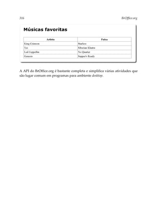 316 BrOffice.org
A API do BrOffice.org é bastante completa e simplifica várias atividades que
são lugar comum em programas para ambiente desktop.
 