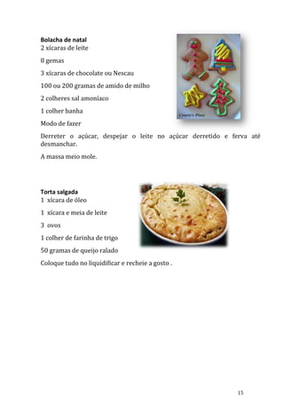 Bolacha de natal
2 xícaras de leite
8 gemas
3 xícaras de chocolate ou Nescau
100 ou 200 gramas de amido de milho
2 colheres sal amoníaco
1 colher banha
Modo de fazer
Derreter o açúcar, despejar o leite no açúcar derretido e ferva até
desmanchar.
A massa meio mole.




Torta salgada
1 xícara de óleo
1 xícara e meia de leite
3 ovos
1 colher de farinha de trigo
50 gramas de queijo ralado
Coloque tudo no liquidificar e recheie a gosto .




                                                            15
 