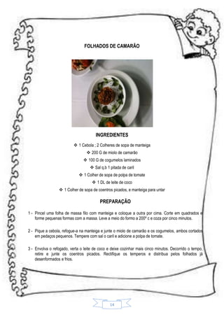 FOLHADOS DE CAMARÃO

INGREDIENTES
 1 Cebola ; 2 Colheres de sopa de manteiga
 200 G de miolo de camarão
 100 G de cogumelos laminados
 Sal q.b 1 pitada de caril
 1 Colher de sopa de polpa de tomate
 1 DL de leite de coco
 1 Colher de sopa de coentros picados, e manteiga para untar

PREPARAÇÃO
1 - Pincel uma folha de massa filo com manteiga e coloque a outra por cima. Corte em quadrados e
forme pequenas formas com a massa. Leve a meio do formo a 200º c e coza por cinco minutos.
2 - Pique a cebola, refogue-a na manteiga e junte o miolo de camarão e os cogumelos, ambos cortados
em pedaços pequenos. Tempere com sal o caril e adicione a polpa de tomate.
3 - Envolva o refogado, verta o leite de coco e deixe cozinhar mais cinco minutos. Decorrido o tempo,
retire e junte os coentros picados. Rectifique os temperos e distribua pelos folhados já
desenformados e frios.

14

 