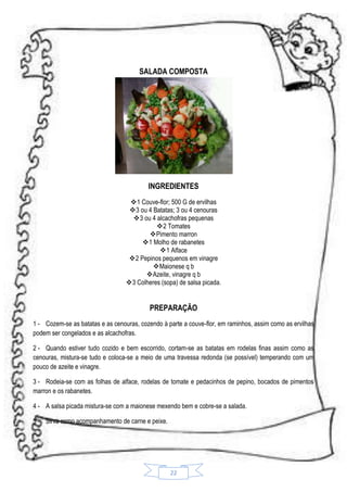 SALADA COMPOSTA

INGREDIENTES
1 Couve-flor; 500 G de ervilhas
3 ou 4 Batatas; 3 ou 4 cenouras
3 ou 4 alcachofras pequenas
 2 Tomates
Pimento marron
1 Molho de rabanetes
1 Alface
2 Pepinos pequenos em vinagre
 Maionese q b
Azeite, vinagre q b
3 Colheres (sopa) de salsa picada.

PREPARAÇÃO
1 - Cozem-se as batatas e as cenouras, cozendo à parte a couve-flor, em raminhos, assim como as ervilhas
podem ser congelados e as alcachofras.
2 - Quando estiver tudo cozido e bem escorrido, cortam-se as batatas em rodelas finas assim como as
cenouras, mistura-se tudo e coloca-se a meio de uma travessa redonda (se possível) temperando com um
pouco de azeite e vinagre.
3 - Rodeia-se com as folhas de alface, rodelas de tomate e pedacinhos de pepino, bocados de pimentos
marron e os rabanetes.
4 - A salsa picada mistura-se com a maionese mexendo bem e cobre-se a salada.
5 - Sirva como acompanhamento de carne e peixe.

22

 