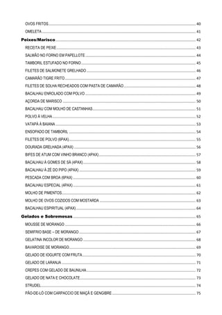 OVOS FRITOS............................................................................................................................................... 40
OMELETA ..................................................................................................................................................... 41
Peixes/Marisco ........................................................................................................................................ 42
RECEITA DE PEIXE ....................................................................................................................................... 43
SALMÃO NO FORNO EM PAPELLOTE ........................................................................................................... 44
TAMBORIL ESTUFADO NO FORNO ............................................................................................................... 45
FILETES DE SALMONETE GRELHADO .......................................................................................................... 46
CAMARÃO TIGRE FRITO ............................................................................................................................... 47
FILETES DE SOLHA RECHEADOS COM PASTA DE CAMARÃO ...................................................................... 48
BACALHAU ENROLADO COM POLVO ........................................................................................................... 49
AÇORDA DE MARISCO ................................................................................................................................. 50
BACALHAU COM MOLHO DE CASTANHAS .................................................................................................... 51
POLVO Á VELHA ........................................................................................................................................... 52
VATAPÁ À BAIANA ........................................................................................................................................ 53
ENSOPADO DE TAMBORIL ........................................................................................................................... 54
FILETES DE POLVO (6PAX) ........................................................................................................................... 55
DOURADA GRELHADA (4PAX) ...................................................................................................................... 56
BIFES DE ATUM COM VINHO BRANCO (4PAX) .............................................................................................. 57
BACALHAU Á GOMES DE SÁ (4PAX) ............................................................................................................. 58
BACALHAU À ZÉ DO PIPO (4PAX) ................................................................................................................. 59
PESCADA COM BROA (6PAX) ....................................................................................................................... 60
BACALHAU ESPECIAL (4PAX) ....................................................................................................................... 61
MOLHO DE PIMENTOS.................................................................................................................................. 62
MOLHO DE OVOS COZIDOS COM MOSTARDA ............................................................................................. 63
BACALHAU ESPIRITUAL (4PAX) .................................................................................................................... 64
Gelados e Sobremesas ....................................................................................................................... 65
MOUSSE DE MORANGO ............................................................................................................................... 66
SEMIFRIO BASE – DE MORANGO ................................................................................................................. 67
GELATINA INCOLOR DE MORANGO ............................................................................................................. 68
BAVAROISE DE MORANGO........................................................................................................................... 69
GELADO DE IOGURTE COM FRUTA .............................................................................................................. 70
GELADO DE LARANJA .................................................................................................................................. 71
CREPES COM GELADO DE BAUNILHA .......................................................................................................... 72
GELADO DE NATA E CHOCOLATE ................................................................................................................ 73
STRUDEL ...................................................................................................................................................... 74
PÃO-DE-LÓ COM CARPACCIO DE MAÇÃ E GENGIBRE ................................................................................. 75

 