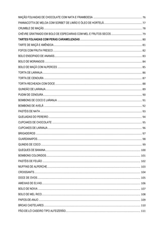 MAÇÃS FOLHADAS DE CHOCOLATE COM NATA E FRAMBOESA ................................................................. 76
PANNACOTTA DE MELOA COM SORBET DE LIMÃO E ÓLEO DE HORTELÃ................................................... 77
CRUMBLE DE MAÇÃS ................................................................................................................................... 78
CHÉVRE GRATINADO EM BOLO DE ESPECIARIAS COM MEL E FRUTOS SECOS ......................................... 79
TARTES FOLHADAS COM PERAS CARAMELIZADAS ................................................................................... 80
TARTE DE MAÇÃ E AMÊNDOA ...................................................................................................................... 81
FOFOS COM FRUTA FRESCO ....................................................................................................................... 82
BOLO ENSOPADO DE ANANÁS ..................................................................................................................... 83
BOLO DE MORANGOS .................................................................................................................................. 84
BOLO DE MAÇÃ COM ALPERCES ................................................................................................................. 85
TORTA DE LARANJA ..................................................................................................................................... 86
TORTA DE CENOURA ................................................................................................................................... 87
TORTA RECHEADA COM DOCE .................................................................................................................... 88
QUINDÃO DE LARANJA ................................................................................................................................. 89
PUDIM DE CENOURA .................................................................................................................................... 90
BOMBONS DE COCO E LARANJA ................................................................................................................. 91
BOMBONS DE AVELÃ ................................................................................................................................... 92
PASTÉIS DE NATA ........................................................................................................................................ 93
QUEIJADAS DO PEREIRO ............................................................................................................................. 94
CUPCAKES DE CHOCOLATE ........................................................................................................................ 95
CUPCAKES DE LARANJA .............................................................................................................................. 96
BRIGADEIROS .............................................................................................................................................. 97
GUARDANAPOS............................................................................................................................................ 98
QUINDIS DE COCO ....................................................................................................................................... 99
QUEQUES DE BANANA ............................................................................................................................... 100
BOMBONS COLORIDOS .............................................................................................................................. 101
PASTÉIS DE FEIJÃO ................................................................................................................................... 102
MUFFINS DE ALPERCHE............................................................................................................................. 103
CROISSANTS .............................................................................................................................................. 104
DOCE DE OVOS .......................................................................................................................................... 105
AMEIXAS DE ELVAS.................................................................................................................................... 106
BOLO DE NOIVA ......................................................................................................................................... 107
BOLO DE MEL RICO .................................................................................................................................... 108
PAPOS-DE-ANJO ........................................................................................................................................ 109
BROAS CASTELARES ................................................................................................................................. 110
PÃO-DE-LÓ CASEIRO TIPO ALFEIZERÃO .................................................................................................... 111

 