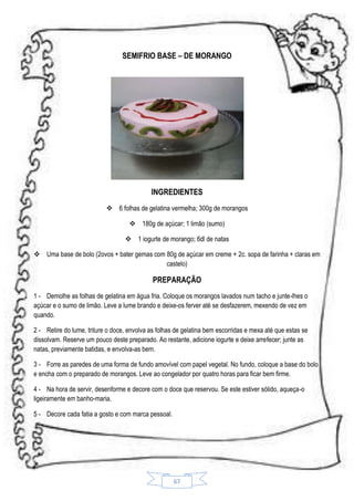 SEMIFRIO BASE – DE MORANGO

INGREDIENTES
 6 folhas de gelatina vermelha; 300g de morangos
 180g de açúcar; 1 limão (sumo)
 1 iogurte de morango; 6dl de natas
 Uma base de bolo (2ovos + bater gemas com 80g de açúcar em creme + 2c. sopa de farinha + claras em
castelo)

PREPARAÇÃO
1 - Demolhe as folhas de gelatina em água fria. Coloque os morangos lavados num tacho e junte-lhes o
açúcar e o sumo de limão. Leve a lume brando e deixe-os ferver até se desfazerem, mexendo de vez em
quando.
2 - Retire do lume, triture o doce, envolva as folhas de gelatina bem escorridas e mexa até que estas se
dissolvam. Reserve um pouco deste preparado. Ao restante, adicione iogurte e deixe arrefecer; junte as
natas, previamente batidas, e envolva-as bem.
3 - Forre as paredes de uma forma de fundo amovível com papel vegetal. No fundo, coloque a base do bolo
e encha com o preparado de morangos. Leve ao congelador por quatro horas para ficar bem firme.
4 - Na hora de servir, desenforme e decore com o doce que reservou. Se este estiver sólido, aqueça-o
ligeiramente em banho-maria.
5 - Decore cada fatia a gosto e com marca pessoal.

67

 