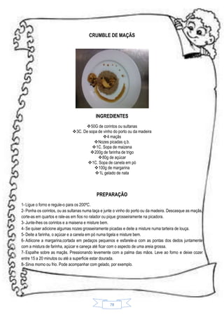 CRUMBLE DE MAÇÃS

INGREDIENTES
50G de corintos ou sultanas
3C. De sopa de vinho do porto ou da madeira
4 maçãs
Nozes picadas q.b.
1C. Sopa de maizena
200g de farinha de trigo
 80g de açúcar
1C. Sopa de canela em pó
100g de margarina
1L gelado de nata

PREPARAÇÃO
1- Ligue o forno e regule-o para os 200ºC.
2- Ponha os corintos, ou as sultanas numa taça e junte o vinho do porto ou da madeira. Descasque as maçãs,
corte-as em quartos e rale-as em fios no ralador ou pique grosseiramente na picadora.
3- Junte-lhes os corintos e a maisena e misture bem.
4- Se quiser adicione algumas nozes grosseiramente picadas e deite a misture numa tarteira de louça.
5- Deite a farinha, o açúcar e a canela em pó numa tigela e misture bem.
6- Adiicone a margarina,cortada em pedaços pequenos e esfarele-a com as pontas dos dedos juntamente
com a mistura de farinha, açúcar e caneça até ficar com o aspecto de uma areia grossa.
7- Espalhe sobre as maçãs. Pressionando levemente com a palma das mãos. Leve ao forno e deixe cozer
entre 15 a 20 minutos ou até a superficie estar dourada.
8- Sirva morno ou frio. Pode acompanhar com gelado, por exemplo.

78

 