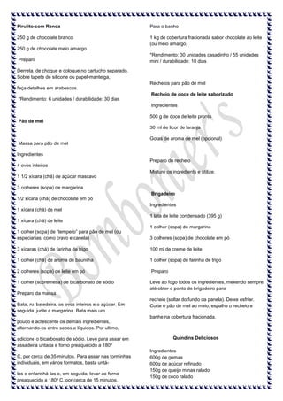 Pirulito com Renda

Para o banho

250 g de chocolate branco

1 kg de cobertura fracionada sabor chocolate ao leite
(ou meio amargo)

250 g de chocolate meio amargo
Preparo

*Rendimento: 30 unidades casadinho / 55 unidades
mini / durabilidade: 10 dias

Derreta, de choque e coloque no cartucho separado.
Sobre tapete de silicone ou papel-manteiga,
Recheios para pão de mel
faça detalhes em arabescos.
Recheio de doce de leite saborizado
*Rendimento: 6 unidades / durabilidade: 30 dias
Ingredientes
500 g de doce de leite pronto
Pão de mel
30 ml de licor de laranja
Gotas de aroma de mel (opcional)
Massa para pão de mel
Ingredientes
Preparo do recheio
4 ovos inteiros
Misture os ingredients e utilize.
1 1/2 xícara (chá) de açúcar mascavo
3 colheres (sopa) de margarina
Brigadeiro
1/2 xícara (chá) de chocolate em pó
Ingredientes
1 xícara (chá) de mel
1 lata de leite condensado (395 g)
1 xícara (chá) de leite
1 colher (sopa) de “tempero” para pão de mel (ou
especiarias, como cravo e canela)

1 colher (sopa) de margarina
3 colheres (sopa) de chocolate em pó

3 xícaras (chá) de farinha de trigo

100 ml de creme de leite

1 colher (chá) de aroma de baunilha

1 colher (sopa) de farinha de trigo

2 colheres (sopa) de leite em pó

Preparo

1 colher (sobremesa) de bicarbonato de sódio

Leve ao fogo todos os ingredientes, mexendo sempre,
até obter o ponto de brigadeiro para

Preparo da massa
Bata, na batedeira, os ovos inteiros e o açúcar. Em
seguida, junte a margarina. Bata mais um

recheio (soltar do fundo da panela). Deixe esfriar.
Corte o pão de mel ao meio, espalhe o recheio e
banhe na cobertura fracionada.

pouco e acrescente os demais ingredientes,
alternando-os entre secos e líquidos. Por ultimo,
adicione o bicarbonato de sódio. Leve para assar em
assadeira untada e forno preaquecido a 180º
C, por cerca de 35 minutos. Para assar nas forminhas
individuais, em vários formatos, basta untálas e enfarinhá-las e, em seguida, levar ao forno
preaquecido a 180º C, por cerca de 15 minutos.

Quindins Deliciosos
Ingredientes
600g de gemas
600g de açúcar refinado
150g de queijo minas ralado
150g de coco ralado

 