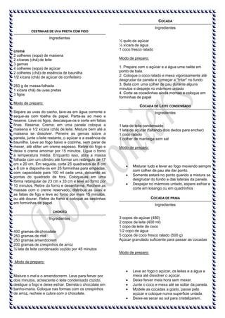 COCADA
Ingredientes
CESTINHAS DE UVA PRETA COM FIGO

Ingredientes

creme
2 colheres (sopa) de maisena
2 xícaras (chá) de leite
3 gemas
4 colheres (sopa) de açúcar
2 colheres (chá) de essência de baunilha
1/2 xícara (chá) de açúcar de confeiteiro
250 g de massa folhada
1 xícara chá) de uvas pretas
3 figos
Modo de preparo:

½ quilo de açúcar
½ xícara de água
1 coco fresco ralado
Modo de preparo:
1. Prepare com o açúcar e a água uma calda em
ponto de bala.
2. Coloque o coco ralado e mexa vigorosamente até
desgrudar da panela e começar a "fritar" no fundo
3. Bata com uma colher de pau durante alguns
minutos e despeje no mármore untado
4. Corte as cocadinhas ainda mornas e coloque em
forminhas de papel
COCADA DE LEITE CONDENSADO

Separe as uvas do cacho, lave-as em água corrente e
seque-as com toalha de papel. Parta-as ao meio e
reserve. Lave os figos, descasque-os e corte em fatias
finas. Reserve. Creme: em uma panela coloque a
maisena e 1/2 xícara (chá) de leite. Misture bem até a
maisena se dissolver. Peneire as gemas sobre a
panela, junte o leite restante, o açúcar e a essência de
baunilha. Leve ao fogo baixo e cozinhe, sem parar de
mexer, até obter um creme espesso. Retire do fogo e
deixe o creme amornar por 15 minutos. Ligue o forno
à temperatura média. Enquanto isso, abra a massa
folhada com um cilindro até formar um retângulo de 17
cm x 20 cm. Em seguida, corte 25 quadrados de 8 cm
x 8 cm e disponha-os em 25 forminhas para empadas,
com capacidade para 100 ml cada uma, deixando as
pontas do quadrado de fora. Coloque-as em uma
fôrma retangular de 23 cm x 33 cm e leve ao forno por
10 minutos. Retire do forno e desenforme. Recheie as
massas com o creme reservado, distribua as uvas e
as fatias de figo e leve ao forno por mais 15 minutos,
ou até dourar. Retire do forno e coloque as cestinhas
em forminhas de papel.

Ingredientes

1 lata de leite condensado
1 lata de açúcar (faltando dois dedos para encher)
1 coco ralado
1 colher de manteiga sem sal
Modo de preparo:

Misturar tudo e levar ao fogo mexendo sempre
com colher de pau ate dar ponto.
Somente estará no ponto quando a mistura se
desgrudar do fundo e das laterais da panela.
Despejar no mármore untado, espere esfriar e
corte em losango ou em quadrinhos
COCADA DE PRAIA
Ingredientes

CHOKITO

Ingredientes

400 gramas de chocolate
250 gramas de mel
250 gramas amendocrem
200 gramas de crespinhos de arroz
½ lata de leite condensado cozido por 45 minutos

3 copos de açúcar (480)
2 copos de leite (400 ml)
1 copo de leite de coco
1/2 copo de água
5 copos de coco fresco ralado (500 g)
Açúcar granulado suficiente para passar as cocadas

Modo de preparo:
Modo de preparo:

Misture o mel e o amendocrerm. Leve para ferver por
dois minutos, acrescente o leite condensado cozido,
desligue o fogo e deixe esfriar. Derreta o chocolate em
banho-maria. Coloque nas formas com os crespinhos
de arroz, recheie e cubra com o chocolate.

Leve ao fogo o açúcar, os leites e a água e
mexa até dissolver o açúcar.
Deixe ferver meia hora sem mexer.
Junte o coco e mexa até se soltar da panela.
Modele as cocadas a gosto, passe pelo
açúcar e coloque numa superficie untada.
Deixe-as secar ao sol para cristalizarem.

 