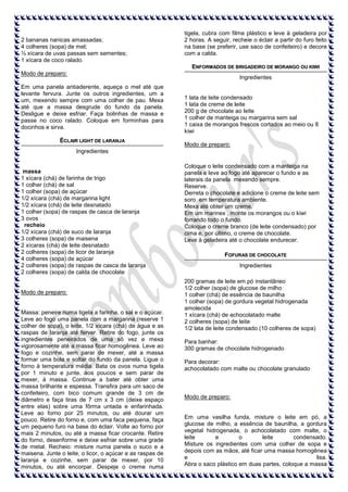 2 bananas nanicas amassadas;
4 colheres (sopa) de mel;
½ xícara de uvas passas sem sementes;
1 xícara de coco ralado.

tigela, cubra com filme plástico e leve à geladeira por
2 horas. A seguir, recheie o éclair a partir do furo feito
na base (se preferir, use saco de confeiteiro) e decore
com a calda.
ENFORMADOS DE BRIGADEIRO DE MORANGO OU KIWI

Modo de preparo:

Ingredientes

Em uma panela antiaderente, aqueça o mel até que
levante fervura. Junte os outros ingredientes, um a
um, mexendo sempre com uma colher de pau. Mexa
até que a massa desgrude do fundo da panela.
Desligue e deixe esfriar. Faça bolinhas de massa e
passe no coco ralado. Coloque em forminhas para
docinhos e sirva.
ÉCLAIR LIGHT DE LARANJA

1 lata de leite condensado
1 lata de creme de leite
200 g de chocolate ao leite
1 colher de manteiga ou margarina sem sal
1 caixa de morangos frescos cortados ao meio ou 8
kiwi
Modo de preparo:

Ingredientes

massa
1 xícara (chá) de farinha de trigo
1 colher (chá) de sal
1 colher (sopa) de açúcar
1/2 xícara (chá) de margarina light
1/2 xícara (chá) de leite desnatado
1 colher (sopa) de raspas de casca de laranja
3 ovos
recheio
1/2 xícara (chá) de suco de laranja
3 colheres (sopa) de maisena
2 xícaras (chá) de leite desnatado
2 colheres (sopa) de licor de laranja
4 colheres (sopa) de açúcar
2 colheres (sopa) de raspas de casca de laranja
2 colheres (sopa) de calda de chocolate

Modo de preparo:

Massa: peneire numa tigela a farinha, o sal e o açúcar.
Leve ao fogo uma panela com a margarina (reserve 1
colher de sopa), o leite, 1/2 xícara (chá) de água e as
raspas de laranja até ferver. Retire do fogo, junte os
ingredientes peneirados de uma só vez e mexa
vigorosamente até a massa ficar homogênea. Leve ao
fogo e cozinhe, sem parar de mexer, até a massa
formar uma bola e soltar do fundo da panela. Ligue o
forno à temperatura média. Bata os ovos numa tigela
por 1 minuto e junte, aos poucos e sem parar de
mexer, à massa. Continue a bater até obter uma
massa brilhante e espessa. Transfira para um saco de
confeiteiro, com bico comum grande de 3 cm de
diâmetro e faça tiras de 7 cm x 3 cm (deixe espaço
entre elas) sobre uma fôrma untada e enfarinhada.
Leve ao forno por 25 minutos, ou até dourar um
pouco. Retire do forno e, com uma faca pequena, faça
um pequeno furo na base do éclair. Volte ao forno por
mais 2 minutos, ou até a massa ficar crocante. Retire
do forno, desenforme e deixe esfriar sobre uma grade
de metal. Recheio: misture numa panela o suco e a
maisena. Junte o leite, o licor, o açúcar e as raspas de
laranja e cozinhe, sem parar de mexer, por 10
minutos, ou até encorpar. Despeje o creme numa

Coloque o leite condensado com a manteiga na
panela e leve ao fogo até aparecer o fundo e as
laterais da panela mexendo sempre.
Reserve.
Derreta o chocolate e adicione o creme de leite sem
soro em temperatura ambiente.
Mexa até obter um creme.
Em um marinex , monte os morangos ou o kiwi
forrando todo o fundo.
Coloque o creme branco (de leite condensado) por
cima e, por último, o creme de chocolate.
Leve à geladeira até o chocolate endurecer.
FOFURAS DE CHOCOLATE
Ingredientes
200 gramas de leite em pó instantâneo
1/2 colher (sopa) de glucose de milho
1 colher (chá) de essência de baunilha
1 colher (sopa) de gordura vegetal hidrogenada
amolecida
1 xícara (chá) de achocolatado malte
2 colheres (sopa) de leite
1/2 lata de leite condensado (10 colheres de sopa)
Para banhar:
300 gramas de chocolate hidrogenado
Para decorar:
achocolatado com malte ou chocolate granulado

Modo de preparo:

Em uma vasilha funda, misture o leite em pó, a
glucose de milho, a essência de baunilha, a gordura
vegetal hidrogenada, o achocolatado com malte, o
leite
e
o
leite
condensado.
Misture os ingredientes com uma colher de sopa e
depois com as mãos, até ficar uma massa homogênea
e
lisa.
Abra o saco plástico em duas partes, coloque a massa

 