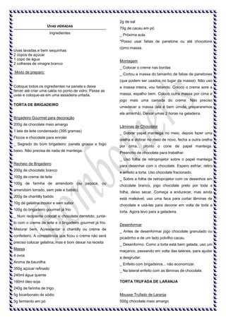 2g de sal
UVAS VIDRADAS
Ingredientes

70g de cacau em pó
_ Próxima aula.
*Posso usar fatias de panetone ou até chocotone

Uvas lavadas e bem sequinhas
2 copos de açúcar
1 copo de água
2 colheres de vinagre branco

como massa.

Montagem
_ Colocar o creme nas bordas

Modo de preparo:

_ Cortou a massa do tamanho de fatias de panetones
(que podem ser usados no lugar da massa). Não uso

Coloque todos os ingredientes na panela e deixe
ferver até criar uma calda no ponto de vidro. Passe as
uvas e coloque-as em uma assadeira untada.

a massa inteira, vou fatiando. Coloco o creme sore a
massa, espalho bem. Coloco outra massa por cima e
jogo mais uma camada do creme. Não preciso

TORTA DE BRIGADEIRO

umedecer a massa (ela é bem úmida, prepararemos
ela amanhã). Deixar umas 2 horas na geladeira.

Brigadeiro Gourmet para decoração
200g de chocolate meio amargo
1 lata de leite condensado (395 gramas)
Flocos e chocolate para enrolar
_ Segredo do bom brigadeiro: panela grossa e fogo
baixo. Não precisa de nada de manteiga.

Lâminas de Chocolate
_ Dobrar papel manteiga no meio, depois fazer uma
orelha e dobrar no meio de novo, fecha a outra orelha
por cima... pronto o cone de papel manteiga.
Preencho de chocolate para trabalhar.
_ Uso folha de retroprojetor sobre o papel manteiga

Recheio de Brigadeiro
200g de chocolate branco
100g de creme de leite
100g de farinha de amendoim (ou paçoca, ou
amendoim torrado, sem pele e batido).
200g de chantilly batido
10g de gelatina incolor e sem sabor
100g do brigadeiro gourmet já frio

para desenhar com o chocolate. Espero esfriar, retiro
e enfeito a torta. Uso chocolate fracionado.
_ Sobre a folha de retroprojetor com os desenhos em
chocolate branco, jogo chocolate preto por toda a
folha, deixo secar. Começa a endurecer, mas ainda
está maleável, uso uma faca para cortar lâminas de
chocolate e usá-las para decorar em volta de toda a
torta. Agora levo para a geladeira.

_ Num recipiente colocar o chocolate derretido, juntálo com o creme de leite e o brigadeiro gourmet já frio.
Misturar bem. Acrescentar o chantilly ou creme de
confeiteiro. A consistência que ficou o creme não será
preciso colocar gelatina, mas é bom deixar na receita
Massa
4 ovos
Aroma de baunilha
350g açúcar refinado

Desenformar
_ Antes de desenformar jogo chocolate granulado ou
picadinho e de um lado polvilho cacau.
_ Desenformo. Como a torta está bem gelada, uso um
maçarico, passando em volta das laterais, para ajudar
a desgrudar.
_ Enfeito com brigadeiros... não economizar.
_ Na lateral enfeito com as lâminas de chocolate.

240ml água quente
180ml óleo soja

TORTA TRUFADA DE LARANJA

240g de farinha de trigo
5g bicarbonato de sódio

Mousse Trufado de Laranja

5g fermento em pó

500g chocolate meio amargo

 