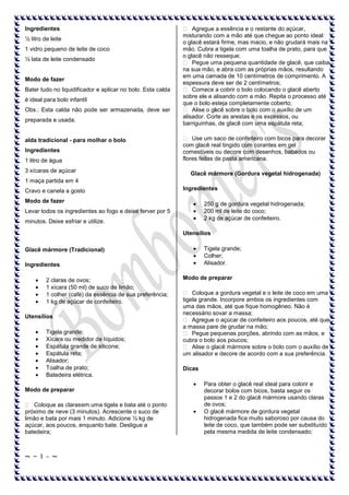 Ingredientes
½ litro de leite
1 vidro pequeno de leite de coco
½ lata de leite condensado

Modo de fazer
Bater tudo no liquidificador e aplicar no bolo. Esta calda
é ideal para bolo infantil
Obs.: Esta calda não pode ser armazenada, deve ser
preparada e usada.

alda tradicional - para molhar o bolo
Ingredientes
1 litro de água
3 xícaras de açúcar

 Agregue a essência e o restante do açúcar,
misturando com a mão até que chegue ao ponto ideal:
o glacê estará firme, mas macio, e não grudará mais na
mão. Cubra a tigela com uma toalha de prato, para que
o glacê não resseque;
 Pegue uma pequena quantidade de glacê, que caiba
na sua mão, e abra com as próprias mãos, resultando
em uma camada de 10 centímetros de comprimento. A
espessura deve ser de 2 centímetros;
 Comece a cobrir o bolo colocando o glacê aberto
sobre ele e alisando com a mão. Repita o processo até
que o bolo esteja completamente coberto;
 Alise o gl cê sobre o bolo com o auxílio de um
a
alisador. Corte as arestas e os excessos, ou
barriguinhas, de glacê com uma espátula reta;
 Use um saco de confeiteiro com bicos para decorar
com glacê real tingido com corantes em gel
comestíveis ou decore com desenhos, babados ou
flores feitas de pasta americana.
Glacê mármore (Gordura vegetal hidrogenada)

1 maça partida em 4
Cravo e canela a gosto

Ingredientes

Modo de fazer

250 g de gordura vegetal hidrogenada;
200 ml de leite do coco;
2 kg de açúcar de confeiteiro.

Levar todos os ingredientes ao fogo e deixe ferver por 5
minutos. Deixe esfriar e utilize.

Utensílios
Tigela grande;
Colher;
Alisador.

Glacê mármore (Tradicional)
Ingredientes
2 claras de ovos;
1 xícara (50 ml) de suco de limão;
1 colher (café) da essência de sua preferência;
1 kg de açúcar de confeiteiro.
Utensílios
Tigela grande;
Xícara ou medidor de líquidos;
Espátula grande de silicone;
Espátula reta;
Alisador;
Toalha de prato;
Batedeira elétrica.
Modo de preparar
 Coloque as claras em uma tigela e bata até o ponto
próximo de neve (3 minutos). Acrescente o suco de
limão e bata por mais 1 minuto. Adicione ½ kg de
açúcar, aos poucos, enquanto bate. Desligue a
batedeira;

~-1-~

Modo de preparar
 Coloque a gordura vegetal e o leite de coco em uma
tigela grande. Incorpore ambos os ingredientes com
uma das mãos, até que fique homogêneo. Não é
necessário sovar a massa;
 Agregue o açúcar de confeiteiro aos poucos, até que
a massa pare de grudar na mão;
 Pegue pequenas porções, abrindo com as mãos, e
cubra o bolo aos poucos;
 Alise o glacê mármore sobre o bolo com o auxílio de
um alisador e decore de acordo com a sua preferência.
Dicas
Para obter o glacê real ideal para colorir e
decorar bolos com bicos, basta seguir os
passos 1 e 2 do glacê mármore usando claras
de ovos;
O glacê mármore de gordura vegetal
hidrogenada fica muito saboroso por causa do
leite de coco, que também pode ser substituído
pela mesma medida de leite condensado;

 