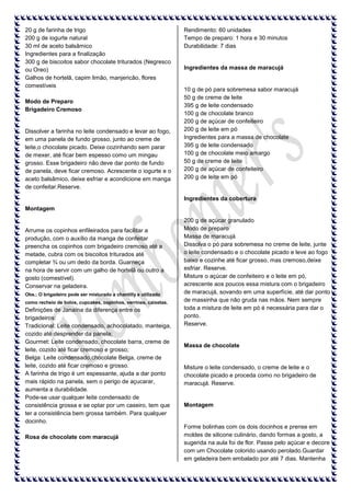 20 g de farinha de trigo
200 g de iogurte natural
30 ml de aceto balsâmico
Ingredientes para a finalização
300 g de biscoitos sabor chocolate triturados (Negresco
ou Oreo)
Galhos de hortelã, capim limão, manjericão, flores
comestíveis
Modo de Preparo
Brigadeiro Cremoso

Dissolver a farinha no leite condensado e levar ao fogo,
em uma panela de fundo grosso, junto ao creme de
leite,o chocolate picado. Deixe cozinhando sem parar
de mexer, até ficar bem espesso como um mingau
grosso. Esse brigadeiro não deve dar ponto de fundo
de panela, deve ficar cremoso. Acrescente o iogurte e o
aceto balsâmico, deixe esfriar e acondicione em manga
de confeitar.Reserve.

Rendimento: 60 unidades
Tempo de preparo: 1 hora e 30 minutos
Durabilidade: 7 dias

Ingredientes da massa de maracujá

10 g de pó para sobremesa sabor maracujá
50 g de creme de leite
395 g de leite condensado
100 g de chocolate branco
200 g de açúcar de confeiteiro
200 g de leite em pó
Ingredientes para a massa de chocolate
395 g de leite condensado
100 g de chocolate meio amargo
50 g de creme de leite
200 g de açúcar de confeiteiro
200 g de leite em pó

Ingredientes da cobertura
Montagem

Arrume os copinhos enfileirados para facilitar a
produção, com o auxílio da manga de confeitar
preencha os copinhos com brigadeiro cremoso até a
metade, cubra com os biscoitos triturados até
completar ¾ ou um dedo da borda. Guarneça
na hora de servir com um galho de hortelã ou outro a
gosto (comestível).
Conservar na geladeira.
Obs.: O brigadeiro pode ser misturado a chantilly e utilizado
como recheio de bolos, cupcakes, copinhos, verrines, caixetas.

Definições de Janaína da diferença entre os
brigadeiros:
Tradicional: Leite condensado, achocolatado, manteiga,
cozido até desprender da panela;
Gourmet: Leite condensado, chocolate barra, creme de
leite, cozido até ficar cremoso e grosso;
Belga: Leite condensado,chocolate Belga, creme de
leite, cozido até ficar cremoso e grosso.
A farinha de trigo é um espessante, ajuda a dar ponto
mais rápido na panela, sem o perigo de açucarar,
aumenta a durabilidade.
Pode-se usar qualquer leite condensado de
consistência grossa e se optar por um caseiro, tem que
ter a consistência bem grossa também. Para qualquer
docinho.
Rosa de chocolate com maracujá

200 g de açúcar granulado
Modo de preparo
Massa de maracujá
Dissolva o pó para sobremesa no creme de leite, junte
o leite condensado e o chocolate picado e leve ao fogo
baixo e cozinhe até ficar grosso, mas cremoso,deixe
esfriar. Reserve.
Misture o açúcar de confeiteiro e o leite em pó,
acrescente aos poucos essa mistura com o brigadeiro
de maracujá, sovando em uma superfície, até dar ponto
de massinha que não gruda nas mãos. Nem sempre
toda a mistura de leite em pó é necessária para dar o
ponto.
Reserve.

Massa de chocolate

Misture o leite condensado, o creme de leite e o
chocolate picado e proceda como no brigadeiro de
maracujá. Reserve.

Montagem

Forme bolinhas com os dois docinhos e prense em
moldes de silicone culinário, dando formas a gosto, a
sugerida na aula foi de flor. Passe pelo açúcar e decore
com um Chocolate colorido usando perolado.Guardar
em geladeira bem embalado por até 7 dias. Mantenha

 