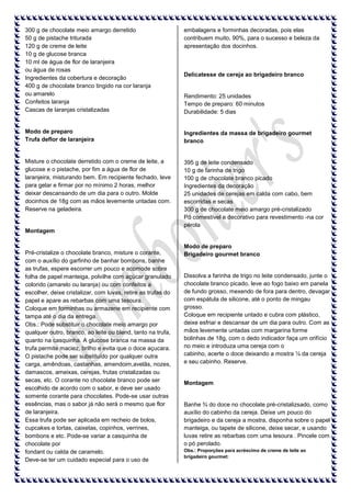 300 g de chocolate meio amargo derretido
50 g de pistache triturada
120 g de creme de leite
10 g de glucose branca
10 ml de água de flor de laranjeira
ou água de rosas
Ingredientes da cobertura e decoração
400 g de chocolate branco tingido na cor laranja
ou amarelo
Confeitos laranja
Cascas de laranjas cristalizadas

embalagens e forminhas decoradas, pois elas
contribuem muito, 90%, para o sucesso e beleza da
apresentação dos docinhos.

Modo de preparo
Trufa deflor de laranjeira

Ingredientes da massa de brigadeiro gourmet
branco

Misture o chocolate derretido com o creme de leite, a
glucose e o pistache, por fim a água de flor de
laranjeira, misturando bem. Em recipiente fechado, leve
para gelar e firmar por no mínimo 2 horas, melhor
deixar descansando de um dia para o outro. Molde
docinhos de 18g com as mãos levemente untadas com.
Reserve na geladeira.

395 g de leite condensado
10 g de farinha de trigo
100 g de chocolate branco picado
Ingredientes da decoração
25 unidades de cerejas em calda com cabo, bem
escorridas e secas
300 g de chocolate meio amargo pré-cristalizado
Pó comestível e decorativo para revestimento -na cor
pérola

Delicatesse de cereja ao brigadeiro branco

Rendimento: 25 unidades
Tempo de preparo: 60 minutos
Durabilidade: 5 dias

Montagem

Pré-cristalize o chocolate branco, misture o corante,
com o auxílio do garfinho de banhar bombons, banhe
as trufas, espere escorrer um pouco e acomode sobre
folha de papel manteiga, polvilhe com açúcar granulado
colorido (amarelo ou laranja) ou com confeitos a
escolher, deixe cristalizar, com luvas, retire as trufas do
papel e apare as rebarbas com uma tesoura.
Coloque em forminhas ou armazene em recipiente com
tampa até o dia da entrega.
Obs.: Pode substituir o chocolate meio amargo por
qualquer outro, branco, ao leite ou blend, tanto na trufa,
quanto na casquinha. A glucose branca na massa da
trufa permite maciez, brilho e evita que o doce açucara.
O pistache pode ser substituído por qualquer outra
carga, amêndoas, castanhas, amendoim,avelãs, nozes,
damascos, ameixas, cerejas, frutas cristalizadas ou
secas, etc. O corante no chocolate branco pode ser
escolhido de acordo com o sabor, e deve ser usado
somente corante para chocolates. Pode-se usar outras
essências, mas o sabor já não será o mesmo que flor
de laranjeira.
Essa trufa pode ser aplicada em recheio de bolos,
cupcakes e tortas, caixetas, copinhos, verrines,
bombons e etc. Pode-se variar a casquinha de
chocolate por
fondant ou calda de caramelo.
Deve-se ter um cuidado especial para o uso de

Modo de preparo
Brigadeiro gourmet branco

Dissolva a farinha de trigo no leite condensado, junte o
chocolate branco picado, leve ao fogo baixo em panela
de fundo grosso, mexendo de fora para dentro, devagar
com espátula de silicone, até o ponto de mingau
grosso.
Coloque em recipiente untado e cubra com plástico,
deixe esfriar e descansar de um dia para outro. Com as
mãos levemente untadas com margarina forme
bolinhas de 18g, com o dedo indicador faça um orifício
no meio e introduza uma cereja com o
cabinho, acerte o doce deixando a mostra ¼ da cereja
e seu cabinho. Reserve.

Montagem

Banhe ¾ do doce no chocolate pré-cristalizsado, como
auxílio do cabinho da cereja. Deixe um pouco do
brigadeiro e da cereja a mostra, disponha sobre o papel
manteiga, ou tapete de silicone, deixe secar, e usando
luvas retire as rebarbas com uma tesoura . Pincele com
o pó perolado.
Obs.: Proporções para acréscimo de creme de leite ao
brigadeiro gourmet:

 
