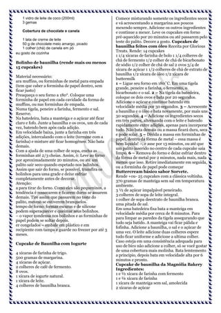 1 vidro de leite de coco (200ml)
3 gemas
Cobertura de chocolate e canela
1 lata de creme de leite
50 g de chocolate meio amargo, picado
1 colher (chá) de canela em pó
eu gosto de cozinha

Bolinho de baunilha (rende mais ou menos
15 cupcakes)
Material necessário:
ara muffins, ou forminhas de metal para empada
(tem que caber a forminha de papel dentro, sem
ficar justo)
Preaqueça o seu forno a 180°. Coloque uma
forminha de papel em cada cavidade da forma de
muffins, ou nas forminhas de empada.
Numa tigela, peneire a farinha, fermento e sal.
Reserve.
Na batedeira, bata a manteiga e o açúcar até ficar
claro e fofo. Junte a baunilha e os ovos, um de cada
vez, batendo bem após cada adição.
Em velocidade baixa, junte a farinha em três
adições, intercalando com o leite (termine com a
farinha) e misture até ficar homogêneo. Não bata
demais.
Com a ajuda de uma colher de sopa, encha as
forminhas até 2/3 cheias. Assim, ó: Leve ao forno
por aproximadamente 20 minutos, ou até um
palito sair seco quando espetado nos bolinhos.
Assim que sair do forno, se possível, transfira os
bolinhos para uma grade e deixe esfriar
completamente antes de decorar.
Atenção:
a para tirar do forno. Como eles são pequeninos, a
tendência é ressecarem e ficarem duros se assarem
demais. Tire assim que passarem no teste do
palito, mesmo se estiverem branquelos.
tempo de forno: formas escuras e de silicone
podem superaquecer e queimar seus bolinhos.
– o vapor condensa nos bolinhos e as forminhas de
papel podem se soltar depois.
er congelados – embale em plástico e em
recipiente com tampa e guarde no freezer por até 3
meses.
Cupcake de Baunilha com Iogurte
4 xícaras de farinha de trigo.
500 gramas de margarina.
4 xícaras de açúcar.
2 colheres de café de fermento.
8 ovos.
1 xícara de iogurte natural.
1 xícara de leite.
4 colheres de baunilha branca.

Comece misturando somente os ingredientes secos
e vá acrescentando a margarina aos poucos
mexendo sempre. Adicione os outros ingredientes
e continue a mexer. Leve os cupcakes em forno
pré-aquecido por 20 minutos ou até passarem pelo
teste do palito. Decore a gosto. Cupcakes de
baunilha feitos com óleo Receita por Glorious
Treats. Rende: 14 cupcakes
1 1/4 xícaras de farinha de bolo 1 1/4 colheres de
chá de fermento 1/2 colher de chá de bicarbonato
de sódio 1/2 colher de chá de sal 2 ovos 3/4 de
xícara de açúcar 1 1/2 colheres de chá de extrato de
baunilha 1/2 xícara de óleo 1/2 xícara de
buttermilk
1 – Ligue seu forno em 180˚C. Em uma tigela
grande, peneire a farinha, o fermento, o
bicarbonato e o sal. 2 – Na tigela da batedeira,
coloque os dois ovos e bata por 20 segundos.
Adicione o açúcar e continue batendo em
velocidade média por 30 segundos. 3 – Acrescente
a baunilha e o óleo e bata novamente, por mais uns
30 segundos. 4 – Adicione os ingredientes secos
em três partes, alternando com o leite e batendo
rapidamente entre adições, apenas para incorporar
tudo. Não bata demais ou a massa ficará dura, seca
e pode solar. 5 – Divida a massa em forminhas de
papel, dentro da fôrma de metal – essa massa é
bem líquida! –, e asse por 13 minutos, ou até que
um palito inserido no centro de cada cupcake saia
limpo. 6 – Remova do forno e deixe esfriar dentro
da fôrma de metal por 2 minutos, nada mais, nada
menos que isso. Retire imediatamente em seguida,
ou a forminha de papel pode começar
Buttercream básico sabor Sorvete.
Rende +ou- 25 cupcakes com a clássica voltinha.
370 gramas de manteiga sem sal em temperatura
ambiente.
3 ½ de açúcar impalpável peneirado.
3 colheres de sopa de leite integral.
1 colher de sopa deextrato de baunilha branca.
uma pitada de sal.
Em uma batedeira fixa bata a manteiga em
velocidade média por cerca de 8 minutos. Para
para limpar as paredes da tigela assegurando que
tudo seja batido. A manteiga vai ficar pálida e
fofinha. Adicione a baunilha, o sal e o açúcar de
uma vez. O leite adicione duas colheres espere
tudo ficar uniforme e adicione a ultima colher.
Caso esteja em uma consistência adequada para
uso de bico não adicione a colher, só se você gostar
de uma cobertura mais molinha. Bata lemtemento
a principio, depois bata em velocidade alta por 6
minutos e pronto.
Cupcake de baunilha da Magnólia Bakery
Ingredientes:
1 e ½ xícara de farinha com fermento
1 e ¼ xícara de farinha
1 xícara de manteiga sem sal, amolecida
2 xícaras de açúcar

 