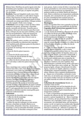 Misture bem. Distribua em partes iguais entre dez
forminhas para cupcakes e asse em forno médio
por 15 minutos ou até que, ao espetar um palito,
ele saia limpo.
Recheio: Faça um brigadeiro mole com o leite
condensado, o chocolate e o café solúvel. Espere
esfriar e faça buracos no topo de cada cupcake,
centralizados, tirando uma pequena parte do bolo
e deixando um tampo para fechar. Coloque recheio
em cada cupcake e feche com a tampa.
Cobertura: Leve ao fogo o creme de leite e deixe
esquentar um pouco. Acrescente o chocolate
picado, mexendo até derreter. Transfira para a
geladeira e deixe por dez minutos para ficar mais
firme. Coloque em um saco para confeitar, com um
bico de sua preferência, e faça um caracol (ou
outro formato) sobre cada cupcake. Polvilhe o
cappuccino em pó por cima e decore com os
confeitos.
Dica: Se preferir, varie a receita e use chocolate
escuro ou chantilly na cobertura dos cupcakes.
Você também pode adicionar gotas de chocolate à
massa. Cupcake Kit Kat
50 gramas de manteiga sem sal em temperatura
ambiente.
1 xícara de chá de açúcar mascavo.
1 ovo.
1/2 xícara de chá de cacau em pó.
1 e ½ xícara de chá de farinha de trigo.
1 xícara de chá de leite.
1/2 colher de chá de sal (não deixe de colocar por
que o sal realça o sabor do açúcar mascavo e so
cacau.).
ó.
Bata a manteiga com o açúcar até obter uma
mistura bem fofa e clara. Sem desligar a batedeira,
acrescente o ovo e bata em velocidade alta até
incorporar bem e formar um creme homogêneo.
Acrescente a farinha de trigo com o cacau em pó
peneirado e logo em seguida o leite, o sal e o
extrato de baunilha e bata tudo por mais alguns
minutos. Desligue a batedeira e agregue o
fermento em pó e o bicarbonato de sódio.
Distribua porções de massa em forminhas para
cupcake forradas com forminhas de papel. Coloque
um pedacinho de wafer (opcional) e leve ao forno
205 °C, pré-aquecido, por cerca de 30 minutos.
Disponha os bolinhos quentes numa grelha para
esfriarem uniformemente.
Cobertura
.250 gramas de chocolate meio amargo.
.1 colher de chá de manteiga;
.1 colher de sopa de mele.
.meia lata de creme de leite sem soro.
. 1 colher de sopa de conhaque ou rum escuro.
Derreta o chocolate no banho-Maria ou no
microondas, deixando-o bem liso. Acrescente a
manteiga e o mel ao chocolate derretido, mexendo
tudo muito bem. O chocolate começará a ficar

mais grosso. Junte o creme de leite e mexa bem. Se
formar gruminhos (e com certeza formarão) leve a
mistura ao microondas por 30 segundos na
potência média ou ao banho-Maria até dissolver
tudo. Deixe a cobertura em temperatura ambiente,
tampada, até o momento de usar, pois esta deve
ter uma consistência bem cremosa para ser
facilmente espalhada e modelada com bico de
confeiteiro.
Montagem:
Cubra os Cupcakes frios com a ganache no bico de
confeitar e decore com um pedacinho de Kit Kat.
Cupcakes Red Velvet (com corante) Rende:
10 cupcakes ou mais
1 1/4 de xícaras de farinha 3/4 de xícara de açúcar
1/2 colher de chá de sal 1 colher de chá de cacau
em pó 1/2 xícara de óleo vegetal
(preferencialmente de canola) 1/2 xícara de
buttermilk 1/2 colher de chá de extrato de
baunilha (caseiro é mais gostoso!) 1 ovo 1 colher de
sopa de corante líquido vermelho 1/2 colher de chá
de bicarbonato de sódio 1/2 colher de chá de
vinagre branco
1 – Ligue seu forno em 180˚C. Em uma tigela
grande, peneire a farinha, o sal e o cacau.
Acrescente o açúcar e misture bem. 2 – Em outra
tigela ou em um medidor de líquidos, bata o ovo
com um garfo. Então, acrescente o buttermilk, o
óleo, o extrato de baunilha e o corante. Misture
bem e tome cuidado para não se manchar de
vermelho! 3 – Adicione os ingredientes líquidos
aos secos e misture com uma espátula. Faça
delicadamente e evitando mexer muito, para que a
massa não fique dura, seca e solada. 4 – Em uma
pequena tigela, coloque o bicarbonato de sódio.
Agora, é preciso ser rápido: adicione o vinagre e
rapidamente, enquanto borbulha, adicione à
massa. Misture com a espátula imediatamente.
5 – Separe em 10 forminhas, enchendo 2/3 de
cada uma, ou em tantas que conseguir com o que a
sua massa rendeu! Asse por 16 minutos ou até que
um palito inserido no centro de cada um saia
limpo.
Cobertura de creamcheese Rende: 10
cupcakes como na foto
100g de manteiga sem sal Um tiquinho de sal 1
xícara de açúcar impalpável 1/2 colher de chá de
extrato de baunilha 110g de creamcheese, em
temperatura ambiente
1 – Corte o creamcheese em pequenos pedaços, do
tamanho de colheres de chá. Em uma tigela,
peneire o açúcar impalpável. 2 – Bata a manteiga
por 2 minutos, até que esteja bem lisa e uniforme.
Adicione o sal, a baunilha e todo o açúcar. Bata
novamente, em velocidade baixa, até incorporar o
açúcar, ou ele vai espirrar na cozinha toda. Quando
incorporar, aumente a velocidade para o médio e
bata por 2 minutos. 3 – Adicione os pedaços de
creamcheese, um de cada vez, batendo entre cada

 