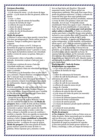 German chocolate
Rendimento 14 unidades
- 2/3 de xícara de cacau - 1/4 de xícara de água
quente - 1/4 de xícara de óleo de girassol, milho ou
canola
- 2 ovos + 1 clara
- 1 colher de sopa de extrato de baunilha
- 2 xícaras de farinha de trigo*
- 2 colheres de sopa de maisena*
- 1 xícara de açúcar
- 1 colher de chá de fermento*
- 1 colher de chá de bicarbonato*
- 1 pitada de sal*
Modo de preparo
1) Misture o cacau com a água quente e mexa bem.
Vai virar um mingauzinho. Deixe esfriar por 30
minutos. Tampe a vasilha para a água não
evaporar.
2) Pré aqueça o forno a 270°C. Coloque as
forminhas de papel na assadeira de cupcake.
Misture os ingredientes secos* e peneire 2 vezes.
3) Na tigela da batedeira misture em velocidade
média o creme de cacau e as gemas. Bata por 1
minuto.
4) Acrescente o óleo e a baunilha e continue
batendo. Acrescente o açúcar e bata por mais 1
minuto.
5) Adicione a mistura de secos e bata em
velocidade média por 1 minuto.
6) Junte as calaras e bata em velocidade média por
mais 1,5 minuto.
7) Preencha 3/4 da forminha e leve ao alto 270°C
por 3 minutos. Depois diminua a temperatura para
180° e asse por mais 10 minutos.
8) Retire do forno, deixe descansar no tabuleiro
por 5 minutos e depois transfira para uma grade
de resfriamento. Espere esfriar completamente.
Recheio
Purê de castanhas. Se você quiser pode fazer mas
eu compro pronto da marca Clement Faugier e
acho uma delícia. A marca Cassino, que é vendida
no Pão de açúcar, tem também mas é bem doce.
Cobertura de chantilly
- 500ml de creme de leite fresco geladão
- 4 colheres de sopa de açúcar Material: Luvas,
saco de confeitar munido de bico 1M Modo de
preparo: Bata o creme de leite até ficar fofinho
quando estiver quase no pobto de chantilly
acrescente o açúcar. bata até o ponto de chantilly.
Vista as luvas para ajudar a isolar o calor das
mãos, coloque o chantilly no saco de confeitar e
confeite o cupcake. Sirva em seguida ou mantenha
na geladeira por no máximo 1 hora (para não
ressecar o bolo). Como estabilizar o chantilly 500ml de creme de leite fresco - 1 envelope de
gelatina incolor - 4 colheres de sopa de açúcar.
Modo de preparo 1) Em uma panela de fundo
grosso misture 150ml de creme de leite e a
gelatina. Deixe repousar por 5 minutos e então

leve ao fogo baixo até dissolver. Não pode
esquentar muito, hein?! Deixe esfriar em
temperatura ambiente. Não pode ficar super frio a
ponto da gelatina endurecer. 2) Bata o restante do
creme de leite (que deve estar geladérrimo
conforme embalagem) até ficar aeradinho, misture
o creme de leite com gelatina e bata até virar
chantilly. Aí é só usar. O chantilly estará
estabilizado! Outra boa opção é usar o Nestilly da
Nestle que já vem estabilizado e é uma mão na
roda. Bem fácil, né? 5 coisas que você precisa
saber sobre o chantilly 1) Todos os utensílios
usados para bater o chantilly devem estar gelados
inclusive a sua cozinha deve estar fresquinha. 2) Se
a temperatura estiver acima de 28°C pode
esquecer o chantilly. A menos que os ambientes
sejam refrigerados. 3) Um chantilly, em condições
ideais aprox. 24°C, dura no máximo 3 horas fora
da geladeira. Já o estabilizado, em condições ideais
aprox. 28°C, dura no máximo 6 horas fora da
geladeira. 4) As sobras devem ser refrigeradas bem
acondicionadas por no máximo 24 horas. Se
separar bata novamente. 5) No mercado existem
diversos tipo de creme de leite fresco com massa
de gordura que varia de 30%-35%. Quanto maior a
percentagem de gordura mais firme e estabilizada
será a cobertura.
Fruitcupcake – bolo de frutas
Rendimento 24 cupcakes
- 1 e 1/2 xícara de açúcar mascavo
- 2 xícaras de farinha de trigo
- 3 ovos
- 1 colher de sobremesa de fermento
- 1 colher de café de bicarbonato - 1 colher de
sobremesa de canela
- 1 colher de café de cravo
- 1 colher de café de noz moscada
- 2 colheres de sopa de cacau em pó
- raspas de 1 laranja
- 3 colheres de sopa de manteiga
- 2 colheres de sopa de óleo de canola
- 2/3 de xícara de vinho do porto (ou marsala)
- 1/2 xícara de passas
- 1/2 xícara de sultanas (passas brancas)
- 1/2 xícara de frutas cristalizadas
- 1/2 xícara de ameixa picada
- 1/2 xícara de damasco picado (pode substituir
por cereja)
- 1/2 xícara de nozes picadas
- Geléia de damasco para pincelar.
Modo de preparo
1) Na véspera: Misture todas as frutas secas ao
vinho do porto. Deixe macerando por no mínimo
24h (eu deixo por 1 mês). Na geladeira.
2) Pré-aqueça o forno a 180°. Coloque as
forminhas de papel na assadeira de cupcake.
3) Em uma panela de fundo grosso misture as
frutas, a manteiga, o óleo, as raspas de laranja e o

 