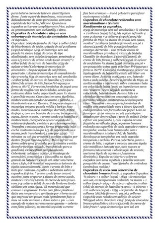 para bater o creme de leite em chantilly bem
firme. Junte o purê de framboesa, misturando
delicadamente, de cima para baixo, com uma
espátula de borracha/silicone. Quando os
cupcakes estiverem completamente frios, cubraos generosamente com o chantilly e sirva.
Cupcakes de chocolate e uísque com
cobertura de manteiga de amendoim Rende
12 cupcakes.
Cupcakes: 200g de farinha de trigo 1 colher (chá)
de bicarbonato de sódio 1 pitada de sal 2 colheres
(sopa) de uísque 140g de manteiga sem sal,
picada ½ xícara (45g) de cacau do tipo
alcalinizado, sem adição de açúcar, peneirado 2
ovos 1/3 xícara de creme azedo (sour cream)* 1
colher (chá) de extrato de baunilha 275g de
açúcar cristal Cobertura de manteiga de
amendoim: 160g de açúcar de confeiteiro,
peneirado 1 xícara de manteiga de amendoim do
tipo crunchy 80g de manteiga sem sal, amolecida
1 colher (chá) de extrato de baunilha 1/3 xícara
(80ml) de creme de leite fresco Pré-aqueça o
forno a 180°C. Forre com forminhas de papel uma
forma de muffin com 12 cavidades, sendo que
cada uma delas tenha capacidade para ½ xícara
(120ml) de massa. Cupcakes: em uma tigelinha,
misture com um batedor de arame a farinha, o
bicarbonato e o sal. Reserve. Coloque o uísque e a
manteiga em uma panela média e leve ao fogo
médio, mexendo até a manteiga derreter. Retire
do fogo e, com um batedor de arame, incorpore o
cacau. Junte os ovos, o creme azedo e a baunilha e
misture bem. Incorpore o açúcar seguido da
mistura de farinha e misture para homogeneizar.
Transfira a massa para a forma preparada (não
encha muito mais do que 1/3 da capacidade ou a
massa pode transbordar) e asse por 25-30
minutos ou até que cresçam e estejam assados por
dentro (faça o teste do palito). Deixe esfriar na
forma sobre uma gradinha por 5 minutos e então
desenforme com cuidado, transferindo para a
gradinha. Deixe esfriar completamente.
Cobertura: coloque o açúcar, a manteiga de
amendoim, a manteiga e a baunilha na tigela
grande da batedeira e bata até obter um creme
claro e fofo, 6-8 minutos, raspando as laterais da
tigela ocasionalmente. Junte o creme de leite e
bata por 1 minuto. Espalhe a cobertura sobre os
cupcakes já frios. * creme azedo (sour cream)
caseiro: para preparar 1 xícara de creme azedo,
misture 1 xícara (240ml) de creme de leite fresco
com 2-3 colheres (chá) de suco de limão ou limão
siciliano em uma tigela. Vá mexendo até que
comece a engrossar. Cubra com filme plástico e
deixe em temperatura ambiente por 1 hora ou até
que engrosse um pouco mais (geralmente faço o
meu na noite anterior e deixo sobre a pia – com
exceção de noites extremamente quentes – coberto
com filme plástico; na manhã seguinte o creme

fica bem cremoso – leve à geladeira para ficar
mais espesso ainda)
Cupcakes de chocolate recheados com
marshmallow e Nutella
Rendimento 12 cupcakes.
250g de manteiga sem sal, amolecida 1 ¼ xícaras
+ 2 colheres (sopa) (274g) de açúcar refinado 4
ovos 2 xícaras + 2 colheres (sopa) (300g) de
farinha de trigo ¼ xícara de avelãs sem casca,
moídas* 2 colheres (chá) de fermento em pó 1
xícara (240ml) de leite 200g de chocolate
amargo, derretido – usei 70% de cacau 12
marshmallows grandes ½ xícara de Nutella
Chantilly de chocolate: 2 xícaras (500ml) de
creme de leite fresco 3 colheres (sopa) de açúcar
de confeiteiro ½ xícara (45g) de cacau em pó +
um pouquinho extra para polvilhar Pré-aqueça o
forno a 160ºC. Coloque a manteiga e o açúcar na
tigela grande da batedeira e bata até obter um
creme claro. Junte os ovos, um a um, batendo
bem a cada adição. Peneire a farinha de trigo, as
avelãs moídas e o fermento sobre a massa e bata
em velocidade baixa (para os ingredientes secos
não “voarem”) e em seguida aumente a
velocidade, batendo bem. Junte o leite e o
chocolate derretido com uma espátula de
borracha/silicone, misturando de baixo para
cima. Transfira a massa para forminhas de
muffin com capacidade para 1 xícara (240ml)
cada forradas com forminhas de papel. Leve ao
forno por 15-20 minutos ou até que estejam
assados por dentro (faça o teste do palito). Deixe
esfriar um pouquinho e, com a ajuda de uma
faquinha serrilhada, faça pequenos buracos
redondos na superfície de cada cupcake e retire a
tampinha; encha cada buraquinho com 1
marshmallow e 1 colher (chá) de Nutella.
Recoloque as tampinhas em cada cupcake,
tampando o recheio. Para a cobertura, junte o
creme de leite, o açúcar e o cacau em uma tigela
não-metálica e bata até que picos suaves se
formem (não entendi a observação da revista;
usei uma tigela de aço inox e funcionou
direitinho). Espalhe a cobertura sobre os
cucpakes com uma espátula e polvilhe com um
pouquinho de cacau. * usei farinha de amêndoas
(amêndoas moídas)
Cupcakes de coco com cobertura de
chocolate branco Rende 12 cupcakes Cupcakes:
¾ xícara + 1 colher (sopa) - 184g - de manteiga
sem sal, em temperatura ambiente ¾ xícara + 1
colher (sopa) - 162g - de açúcar refinado 1 colher
(chá) de extrato de baunilha 3 ovos 1 ½ xícaras +
1 ½ colheres (sopa) - 225g - de farinha de trigo 2
colheres (chá) de fermento em pó 3 colheres
(sopa) de coco ralado sem adição de açúcar
Whipped white chocolate icing: 500g de chocolate
branco picadinho 1 xícara (240ml) de creme de
leite fresco* 140g de manteiga sem sal, em

 