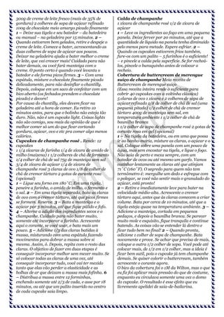 300g de creme de leite fresco (mais de 35% de
gordura) 2 colheres de sopa de açúcar refinado
100g de chocolate meio amargo picado finamente
1 – Deixe sua tigela e seu batedor – da batedeira
ou manual – na geladeira por 15 minutos. 2 –
Quando estiverem bem gelados, retire e despeje o
creme de leite. Comece a bater, acrescentando as
duas colheres de sopa de açúcar aos poucos.
Deixar na geladeira ajuda a bater melhor o creme
de leite, que vai crescer mais! Cuidado para não
bater demais, ou você fará manteiga com o
creme. O ponto certo é quando você levanta o
batedor e ele forma picos firmes. 3 – Com uma
espátula, misture o chocolate finamente picado
delicadamente, para não desinflar o chantilly.
Depois, coloque em um saco de confeitar com um
bico aberto (os fechados prendem o chocolate
picado) e decore!
Por causa do chantilly, eles devem ficar na
geladeira até a hora de comer. Eu retiro 10
minutos antes, para que o bolinho não esteja tão
duro. Não, não é um cupcake light. Coisas lights
não são comigo, sou mais da opinião de que é
melhor comer só um do que ficar cortando
gordura, açúcar, ovo e etc pra comer algo menos
calórico.
Cupcakes de champanhe rosé . Rende: 12
cupcakes
1 1/4 xícaras de farinha 1/4 de xícara de amido de
milho (maizena) 1 1/2 colheres de chá de fermento
1/4 colher de chá de sal 75g de manteiga sem sal
3/4 de xícara de açúcar 1/4 de xícara de
champanhe rosé 3 claras de ovo 1/8 de colher de
chá de cremor tártaro 2 gotas de corante rosa
(opcional)
1 – Ligue seu forno em 180˚C. Em uma tigela,
peneire a farinha, o amido de milho, o fermento e
o sal. 2 – Em uma tigela separada, bata as claras
de ovo com o cremor tártaro, até que picos firmes
se formem. Reserve. 3 – Bata a manteiga e o
açúcar por 3 minutos, até que fique pálido e fofo.
4 – Alterne a adição dos ingredientes secos e o
champanhe. Cuidado para não bater muito,
somente até incorporar a farinha. Acrescente
aqui o corante, se você usar, e bata mais um
pouco. 5 – Adicione 1/3 das claras batidas à
massa, misturando com uma espátula fazendo
movimentos para dobrar a massa sobre si
mesma. Assim, ó. Depois, repita com o resto das
claras. O objetivo de fazer em duas etapas é
conseguir incorporar melhor sem mexer muito. Se
só colocar todas as claras de uma vez, até
conseguir incorporar tudo, você vai ter mexido
tanto que elas vão perder a elasticidade e as
bolhas de ar que deixam a massa mais fofinha. 6
– Distribua a massa entre 12 forminhas,
enchendo somente até 2/3 de cada, e asse por 18
minutos, ou até que um palito inserido no centro
de cada cupcake saia limpo.

Calda de champanhe
1 xícara de champanhe rosé 1/2 de xícara de
açúcar
1 – Leve os ingredientes ao fogo em uma pequena
panela. Deixe ferver por 20 minutos, até que a
quantidade de líquido na panela tenha diminuído
pelo menos para metade. Espere esfriar. 2 –
Quando os cupcakes estiverem frios também,
fure-os com um palito – 5 furinhos é o suficiente!
– e pincele a calda pela superfície. Se for recheálos, pincele o buraquinho antes de colocar o
recheio.
Cobertura de buttercream de merengue
suíço de champanhe Meia receita de
Buttercream de merengue suiço
(Essa receita inteira rende o suficiente para
cobrir 40 cupcakes com a voltinha clássica)
5 claras de ovo 1 xícara e 2 colheres de sopa de
açúcar refinado 1/8 de colher de chá de sal (uma
pequena pitada) 1/2 colher de chá de cremor
tártaro 400g de manteiga sem sal, em
temperatura ambiente 1 1/2 colher de chá de
baunilha branca
1 1/2 colher de sopa de champanhe rosé 2 gotas de
corante rosa em gel (opcional)
1 – Na tigela da batedeira, ou em uma que possa
ir ao banho-maria, misture as claras, o açúcar e o
sal. Coloque sobre uma panela com um pouco de
água, mas sem encostar na tigela, e ligue o fogo.
Não saia de perto e mexa sempre, com um
batedor de ovos ou até mesmo um garfo. Vamos
cozinhar lentamente as claras até que atinjam
71˚C (160˚F). O segredo para quem não tem
termômetro é: mergulhe um dedo e esfregue com
o polegar, se você não sentir mais o granulado do
açúcar, está pronto!
2 – Retire e imediatamente leve para bater na
velocidade médio-alta. Acrescente o cremor
tártaro aqui, antes que às claras comecem a criar
volume. Bata por cerca de 10 minutos, até que a
tigela esteja quase na temperatura ambiente. 3 –
Adicione a manteiga, cortada em pequenos
pedaços, e depois a baunilha branca. Se parecer
muito mole e esquisito, fique tranquila e continue
batendo. As coisas vão se entender lá dentro e
ficar tudo bem no final! 2 – Quando pronta,
adicione 1 colher de sopa de champanhe. Bata
novamente e prove. Se achar que precisa de mais,
coloque a outra 1/2 colher de sopa. Você pode até
colocar mais, de 1/2 em 1/2 colher, mas a ideia é
ficar bem sutil, pois o cupcake já tem champanhe
demais. Se quiser colorir o buttercream, também
acrescente o corante agora.
O bico da cobertura foi o 1M da Wilton, mas o que
eu fiz foi aplicar mais pressão do que de costume,
enquanto eu circulava somente uma vez o domo
do cupcake. O resultado é esse efeito que eu
livremente apelidei de saia-de-bailarina.

 