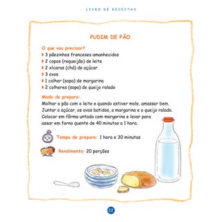 L I V R O D E R E C E I T A S
22
PUDIM DE PÃO
O que vou precisar?
◗ 3 pãezinhos franceses amanhecidos
◗ 2 copos (requeijão) de leite
◗ 2 xícaras (chá) de açúcar
◗ 3 ovos
◗ 1 colher (sopa) de margarina
◗ 2 colheres (sopa) de queijo ralado
Modo de preparo:
Molhar o pão com o leite e quando estiver mole, amassar bem.
Juntar o açúcar, os ovos batidos, a margarina e o queijo ralado.
Colocar em fôrma untada com margarina e levar para
assar em forno quente de 40 minutos a 1 hora.
Tempo de preparo: 1 hora e 30 minutos
Rendimento: 20 porções
 