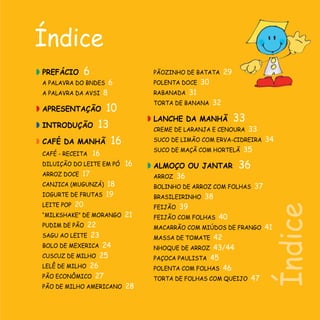 Índice
◗	 PREFÁCIO 6
	 A palavra DO BNDES 6  
	 A palavra DA AVSI 8
◗	 APRESENTAÇÃO 10
◗	 INTRODUÇÃO 13
◗	 Café DA MANhÃ 16
	 CAFÉ - RECEITA 16
	 DILUIÇÃO DO LEITE EM PÓ 16
	 ARROZ DOCE 17
	 CANJICA (MUGUNZÁ) 18
	 IOGURTE DE FRUTAS 19
	 LEITE POP 20
	 “MILKSHAKE” DE MORANGO 21
	 PUDIM DE PÃO 22
	 SAGU AO LEITE 23
	 BOLO DE MEXERICA 24
	 CUSCUZ DE MILHO 25
	 LELÊ DE MILHO 26
	 PÃO ECONÔMICO 27
	 PÃO DE MILHO AMERICANO 28
	 PÃOZINHO DE BATATA 29
	 POLENTA DOCE 30 
	 RABANADA 31
	 TORTA DE BANANA 32
◗	 Lanche da manhã 33
	 CREME DE LARANJA E CENOURA 33
	 SUCO DE LIMÃO COM ERVA-CIDREIRA 34
	 SUCO DE MAÇÃ COM HORTELÃ 35
◗	 Almoço ou jantar 36
	 ARROZ 36
	 BOLINHO DE ARROZ COM FOLHAS 37
	 BRASILEIRINHO 38
	 FEIJÃO 39
	 FEIJÃO COM FOLHAS 40
	 MACARRÃO COM MIÚDOS DE FRANGO 41
	 MASSA DE TOMATE 42
	 NHOQUE DE ARROZ 43/44
	 PAÇOCA PAULISTA 45
	 POLENTA COM FOLHAS 46
	 TORTA DE FOLHAS COM QUEIJO 47
Índice
 
