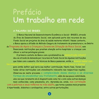 L I V R O D E R E C E I T A S

Prefácio
Um trabalho em rede
O Banco Nacional de Desenvolvimento Econômico e Social – BNDES, através
da Área de Desenvolvimento Social, vem aplicando parte dos recursos de seu
Fundo Social em projetos da área da saúde materno-infantil. Nesse contexto,
do Programa de Apoio a Crianças e Jovens em Si­tuação de Risco Social, vem
o Banco apoiou a difusão do Método Canguru de tratamento de prematuros e, no âmbito
financiando instituições que prestam atenção extra-hos­pitalar a crianças com
câncer e outras patologias graves.
O primeiro contato do Banco com a problemática da desnutrição infantil
deu-se através da demanda por recursos do Fundo Social de algumas instituições
que lidam com o assunto. Os técnicos do Banco passaram, então, a buscar maior con-
hecimento sobre o tema e entender o contexto no qual se insere a doença,
para então definir qual seria sua melhor contribuição. Nesta fase, foram visi-
tadas várias instituições com atendimento relevante nas respectivas regiões.
Observou-se neste processo a complexidade dessa doença e as diversas
formas de encaminhar seu tratamento, além de sua pouca visibilidade,
uma vez que raramente ela é diagnosticada como tal, e sim como outras doenças
mais conhecidas, como pneumonia, etc. Aprendeu-se, ainda, sua correlação
com a pobreza e seus reflexos na vida adulta, que torna a pessoa mais propensa
à hipertensão, diabetes e cardiopatias, entre outras perturbações.
A PALAVRA DO BNDES

 