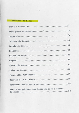 Receitas do filme:

                                                 .37
Anita & Garibaldi...............................
                                                   8
Bife gordo ao alecrim............................3
                                                 .39
Carpaccio.......................................

Coxinha de frango................................40
                                                   1
Farofa de içá....................................4
                                                   .42
Feijoada........................................
                                                   3
Leitão ao forno..................................4
                                                   .44
Negroni.........................................
                                                   5
Pastel de carne..................................4
                                                  46
Peixe ao forno...................................

Penne alla Puttanesca............................47
                                                  48
Risotto alla Milanese............................
                                                   9
Spaguetti della mezza notte......................4

Xinxin de galinha, com leite de coco e farofa
de dendê.........................................50
 