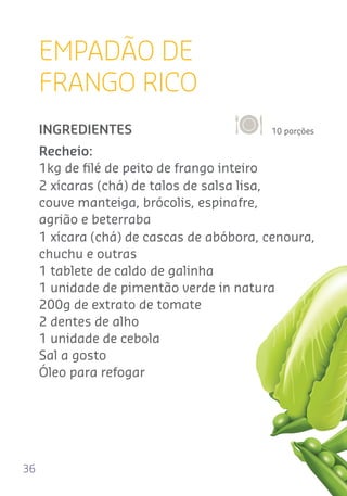 36
EMPADÃO DE
FRANGO RICO
10 porçõesINGREDIENTES
Recheio:
1kg de ﬁlé de peito de frango inteiro
2 xícaras (chá) de talos de salsa lisa,
couve manteiga, brócolis, espinafre,
agrião e beterraba
1 xícara (chá) de cascas de abóbora, cenoura,
chuchu e outras
1 tablete de caldo de galinha
1 unidade de pimentão verde in natura
200g de extrato de tomate
2 dentes de alho
1 unidade de cebola
Sal a gosto
Óleo para refogar
 