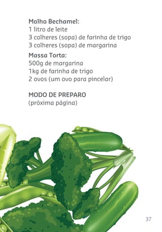 37
Molho Bechamel:
1 litro de leite
3 colheres (sopa) de farinha de trigo
3 colheres (sopa) de margarina
Massa Torta:
500g de margarina
1kg de farinha de trigo
2 ovos (um ovo para pincelar)
MODO DE PREPARO
(próxima página)
 