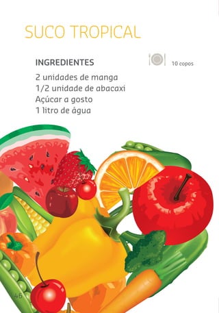 46
SUCO TROPICAL
10 coposINGREDIENTES
2 unidades de manga
1/2 unidade de abacaxi
Açúcar a gosto
1 litro de água
 