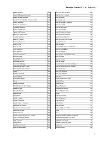 Receitas Internet 3 – N. Freitas

Receita De Leitoa                              88    Sopa Com Caldo De Peixe                         480

Receita De Moqueca De Surubim                  85    Sopa De Alhos Franceses                         303

Receita De Peixe Namorado                      86    Sopa De Batatas                                 423

Receita Filé De Búfalo Rec. C/ Abacaxi (Poa)   33    Sopa De Camarão                                 252

Receita Tailandesa                             87    Sopa De Camarão À Brasileira                    306

Recheio De Frutas Secas                        542   Sopa De Capeletti                               103

Refogadas "All'aretina"                        485   Sopa De Caranguejo                              581

Rigatoni À Montanhesa                          399   Sopa De Castanhas                               253

Rigatoni Alla Toranese                         454   Sopa De Cebola Com Queijo                       247

Risoto Com Porcini Fresco                      91    Sopa De Cebola Gratinada                        250

Risoto De Bacalhau                             92    Sopa De Couve-Repolho                           304

Risoto De Camarão                              522   Sopa De Ervilhas Com Pimenta                    254

Risoto De Champanhe                            93    Sopa De Espinafres                              243

Risoto De Lula                                 94    Sopa De Feijão                                  249

Risoto De Tofu                                 95    Sopa De Feijão Com Couves (Corvo)               300

Risoto Napolitano                              131   Sopa De Grão De Bico                            307

Risoto Primavera                               96    Sopa De Legumes                                 242

Risotto "Alla Milanese"                        503   Sopa De Peixe (Ilha De Santa Maria)             299

Robalo Ao Forno                                400   Sopa De Pinhão                                  104

Robalo Na Grelha                               401   Sopa De Tomate                                  283

Rocambole De Arroz                             402   Sopa De Tomate                                  244

Rocambole De Batata                            403   Sopa De Tomate Com Ovos Escalfados              308

Rodelinhas De Queijo E Carne                   272   Sopa Do Espírito Santo (Ilha Terceira)          298

Rolos De Vitela Com Azeitonas                  220   Sopa Do Pescador                                248

Rosbife                                        404   Sopa Fria - Gazpacho                            105

Rosbife À Provençal                            197   Sopa Fria - Vichyçoise                          106

Rosca "Pugliese"                               476   Sopa Seca                                       305

Roupa Velha De Peru                            215   Soufflé De Mariscos E Queijo                    151

Rúcula                                         97    Soufflé De Peixe                                139

Salada "Piemontese"                            497   Strangola Preti                                 518

Salada De Camarão Com Manga                    98    Strogonoff Clássico                             406

Salada De Flores                               99    Strogonoff De Camarão                           568

Salada De Repolho                              431   Strogonoff De Camarões                          407

Salada Erótica                                 543   Strudel                                         517

Salada Morna                                   100   Suflê De Camarões                               408

Salmão À Inglesa                               405   Suflê De Espinafre                              541

Salmão Com Salada                              101   Suflê De Frango                                 409

Salmão No Forno Recheado                       177   Suflê De Milho                                  410

Salmonetes Ao Cartucho                         478   Suflê De Queijo                                 411

Salsichas Com Couve Lombarda                   233   Sushi Filadélfia Do Netinho                     107

Sanduíche Da Copa                              102   Tabule                                          536

Santola Recheada                               267   Tacacá                                          585

Sela De Carneiro No Forno Com Tomilho          326   Tacos Com Recheio De Bacon E Legumes            334

Sopa "Canederli Alla Trentina"                 513   Tagliatelle De Espinafres Com Atum              141

Sopa "Cinestrata"                              484   Tagliattelle Com Salmão                         157

Sopa Andaluza                                  241   Talharim Ao Molho De Queijo                     108

Sopa Clara Com Vushka                          424   Tapioquinha                                     596

Sopa Com Almôndegas                            302   Tarallucci Doces                                467




                                                                                                           6
 
