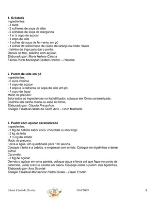 1. Gróstolis
Ingredientes:
- 3 ovos
- 2 colheres de sopa de óleo
- 2 colheres de sopa de margarina
- 1 e ½ copo de açúcar
- 1 copo de leite
- 1 colher de sopa de fermento em pó
- 1 colher de sobremesa de casca de laranja ou limão ralada
- farinha de trigo para dar o ponto.
Depois de frito, polvilhe com açúcar.
Elaborado por: Maria Helena Caiana
Escola Rural Municipal Castelo Branco – Palotina



2. Pudim de leite em pó
Ingredientes:
- 6 ovos inteiros
- 1 copo de açúcar
- 1 copo e 3 colheres de sopa de leite em pó
- 1 copo de água
Modo de preparo:
Bata todos os ingredientes no liqüidificador, coloque em fôrma caramelizada.
Cozinhe em banho-maria ou asse no forno.
Elaborado por: Claudia Presznhuk
Colégio Estadual Barão do Cerro Azul – Cruz Machado



3. Pudim com açúcar caramelizado
Ingredientes:
- 2 Kg de bebida sabor coco, chocolate ou morango
- 2 kg de leite
- 1 ½ kg de amido
Modo de preparo:
Ferva a água, em quantidade para 100 alunos.
Coloque o leite e a bebida, e engrosse com amido. Coloque em tigelinhas e deixe
esfriar
Caramelo:
- 3 Kg de açúcar
Derreta o açúcar em uma panela, coloque água e ferva até que fique no ponto de
caramelo. Junte cravo e canela em casca. Despeje sobre o pudim, nas tigelinhas.
Elaborado por: Ana Basniak
Colégio Estadual Monsenhor Pedro Busko – Paulo Frontin




Edson Candido Xavier                              10/4/2009                       11
 