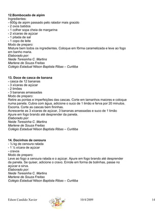 12.Bombocado de aipim
Ingredientes:
- 600g de aipim passado pelo ralador mais graúdo
- 2 ovos batidos
- 1 colher sopa cheia de margarina
- 2 xícaras de açúcar
- 1 pitada de sal
- 1 copo de leite
Modo de preparo:
Misture bem todos os ingredientes. Coloque em fôrma caramelizada e leve ao fogo
em banho maria.
Elaborado por:
Neide Teresinha C. Martins
Marlene de Souza Freitas
Colégio Estadual Nilson Baptista Ribas – Curitiba


13. Doce de casca de banana
- casca de 12 bananas
- 3 xícaras de açúcar
- 2 limões
- 3 bananas amassadas
Modo de preparo:
Retire as pontas e imperfeições das cascas. Corte em tamanhos maiores e coloque
numa panela. Cubra com água, adicione o suco de 1 limão e ferva por 20 minutos.
Escorra. Corte as cascas bem fininhas.
Acrescente as 3 xícaras de açúcar, 3 bananas amassadas e suco de 1 limão
Apure em fogo brando até desprender da panela.
Elaborado por:
Neide Teresinha C. Martins
Marlene de Souza Freitas
Colégio Estadual Nilson Baptista Ribas – Curitiba


14. Docinhos de cenoura
- ½ kg de cenoura ralada
- 1 ½ xícara de açúcar
- cravos
Modo de preparo:
Leve ao fogo a cenoura ralada e o açúcar. Apure em fogo brando até desprender
da panela. Se quiser, adicione o cravo. Enrole em forma de bolinhas, passe no
açúcar e sirva.
Elaborado por:
Neide Teresinha C. Martins
Marlene de Souza Freitas
Colégio Estadual Nilson Baptista Ribas – Curitiba




Edson Candido Xavier                            10/4/2009                         14
 