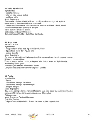 33. Torta de Bolacha
Ingredientes:
- biscoito maisena
- leite em pó e bebida láctea
- amido de milho
Modo de preparo:
Desmanche o leite e a bebida láctea com água e leve ao fogo até aquecer.
Junte o amido de milho até formar um creme.
Coloque em uma vasilha, uma camada de bolacha e uma de creme, assim
sucessivamente até o ponto que desejar.
Deixe esfriar e sirva aos alunos.
Elaborado por: Lovani Rukhaber
Colégio Estadual Antão – Bela Vista da Caroba



34. Arroz doce
Para 100 alunos
Ingredientes:
- 1 ½ pacote de arroz de 5 Kg ou mais um pouco
- 2 pacotes e meio, de 1 Kg, de leite
- açúcar à gosto
Modo de preparo:
Em uma panela, coloque 3 xícaras de açúcar para queimar, depois coloque o arroz,
já lavado, para cozinhar.
Quando o arroz estiver cozido, coloque o leite ,batido antes, no liqüidificador.
Adicione açúcar à gosto.
Elaborado por: Maria Carmelina da Rocha
Colégio Estadual Santa Gemma Galgani – Curitiba



35. Pudim
Ingredientes:
- 6 ovos
- 12 colheres de sopa de açúcar
- 12 colheres de sopa de leite em pó
- 2 copos de água
Modo de preparo:
Bata todos os ingredientes no liqüidificador e leve para assar ou cozinhe em banho
maria, em fôrma tipo cone caramelizada, por 30 minutos.
Elaborado por:
Maria Aparecida Zamboni Maranho
Edir Silva Santos
Colégio Estadual Márcia Vaz Tostes de Abreu – São Jorge do Ivaí




Edson Candido Xavier                              10/4/2009                          20
 