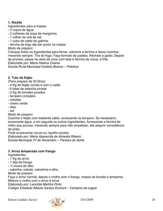 1. Risólis
Ingredientes para a massa:
- 3 copos de água
- 2 colheres de sopa de margarina
- 1 colher de chá de sal
- 1 cubo de caldo de galinha
- farinha de trigo até dar ponto na massa
Modo de preparo:
Coloque todos os ingredientes para ferver, adicione a farinha e deixe cozinhar,
mexendo sempre. Tire do fogo. Faça formato de pastéis. Recheie à gosto. Depois
de prontos, passe na clara de ovos com leite e farinha de rosca, e frite.
Elaborado por: Maria Helena Caiana
Escola Rural Municipal Castelo Branco – Palotina


2. Tutu de feijão
(Para preparo de 50 litros)
- 4 Kg de feijão cozido e com o caldo
- 6 latas de salsicha picada
- 2 Kg de tomates picados
- tempero completo
- cebolas
- cheiro verde
- óleo
- sal
Modo de preparo:
Cozinhe o feijão com bastante caldo, acrescente os tempero. Se necessário,
acrescente água, e em seguida os outros ingredientes. Acrescente a farinha de
milho aos poucos, mexendo sempre para não empelotar, até adquirir consistência
de pirão.
Pode acrescentar couve ou repolho picado.
Elaborado por: Maria Aparecida de Almeida Ribeiro
Escola Municipal 27 de Novembro – Paraíso do Norte


3. Arroz temperado com frango
Ingredientes:
- 1 Kg de arroz
- 1 lata de frango
- ½ xícara de óleo
- salsinha, cebola, cebolinha e alho.
Modo de preparo:
Faça o arroz normal, depois o molho com o frango, massa de tomate e temperos.
Misture o molho com o arroz e sirva.
Elaborado por: Leonilda Martins Pinto
Colégio Estadual Alberto Santos Dumont – Campina da Lagoa


Edson Candido Xavier                             10/4/2009                        24
 