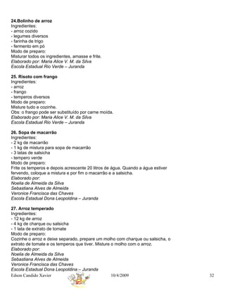 24.Bolinho de arroz
Ingredientes:
- arroz cozido
- legumes diversos
- farinha de trigo
- fermento em pó
Modo de preparo:
Misturar todos os ingredientes, amasse e frite.
Elaborado por: Maria Alice V. M. da Silva
Escola Estadual Rio Verde – Juranda

25. Risoto com frango
Ingredientes:
- arroz
- frango
- temperos diversos
Modo de preparo:
Misture tudo e cozinhe.
Obs: o frango pode ser substituído por carne moída.
Elaborado por: Maria Alice V. M. da Silva
Escola Estadual Rio Verde – Juranda

26. Sopa de macarrão
Ingredientes:
- 2 kg de macarrão
- 1 kg de mistura para sopa de macarrão
- 3 latas de salsicha
- tempero verde
Modo de preparo:
Frite os temperos e depois acrescente 20 litros de água. Quando a água estiver
fervendo, coloque a mistura e por fim o macarrão e a salsicha.
Elaborado por:
Noelia de Almeida da Silva
Sebastiana Alves de Almeida
Veronice Francisca das Chaves
Escola Estadual Dona Leopoldina – Juranda

27. Arroz temperado
Ingredientes:
- 12 kg de arroz
- 4 kg de charque ou salsicha
- 1 lata de extrato de tomate
Modo de preparo:
Cozinhe o arroz e deixe separado, prepare um molho com charque ou salsicha, o
extrato de tomate e os temperos que tiver. Misture o molho com o arroz.
Elaborado por:
Noelia de Almeida da Silva
Sebastiana Alves de Almeida
Veronice Francisca das Chaves
Escola Estadual Dona Leopoldina – Juranda
Edson Candido Xavier                               10/4/2009                     32
 