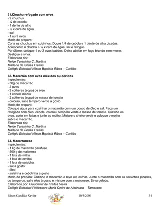 31.Chuchu refogado com ovos
- 2 chuchus
- ¼ de cebola
- 1 dente de alho
- ½ xícara de água
- sal
- 1 ou 2 ovos
Modo de preparo:
Corte os chuchus em cubinhos. Doure 1/4 de cebola e 1 dente de alho picados.
Acrescente o chuchu e ½ xícara de água, sal e refogue.
Por último, coloque 1 ou 2 ovos batidos. Deixe abafar em fogo brando sem mexer.
Desligue e sirva.
Elaborado por:
Neide Teresinha C. Martins
Marlene de Souza Freitas
Colégio Estadual Nilson Baptista Ribas – Curitiba

32. Macarrão com ovos mexidos ou cozidos
Ingredientes:
- 50g de macarrão
- 3 ovos
- 2 colheres (sopa) de óleo
- 1 cebola média
- 2 colheres (sopa) de massa de tomate
- colorau, sal e tempero verde a gosto
Modo de preparo:
Coloque água para cozinhar o macarrão com um pouco de óleo e sal. Faça um
refogado com óleo, cebola, colorau, tempero verde e massa de tomate. Cozinhe os
ovos, corte em fatias e junte ao molho. Misture o cheiro verde e coloque o molho
sobre o macarrão.
Elaborado por:
Neide Teresinha C. Martins
Marlene de Souza Freitas
Colégio Estadual Nilson Baptista Ribas – Curitiba

33. Macarronese
Ingredientes:
- 1 kg de macarrão parafuso
- 500 g de maionese
- 1 lata de milho
- 1 lata de ervilha
- 1 lata de salsicha
- sal a gosto
- óleo
- salsinha e cebolinha a gosto
Modo de preparo: Cozinhe o macarrão e lave até esfriar. Junte o macarrão com as salsichas picadas,
os temperos, sal e óleo à gosto e misture com a maionese. Sirva gelado.
Elaborado por: Claudemir de Freitas Vieira
Colégio Estadual Professora Maria Cintra de Alcântara – Tamarana

Edson Candido Xavier                            10/4/2009                                      34
 