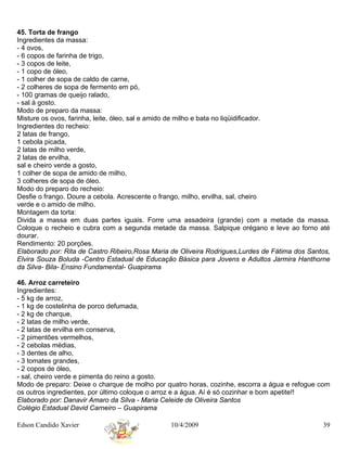 45. Torta de frango
Ingredientes da massa:
- 4 ovos,
- 6 copos de farinha de trigo,
- 3 copos de leite,
- 1 copo de óleo,
- 1 colher de sopa de caldo de carne,
- 2 colheres de sopa de fermento em pó,
- 100 gramas de queijo ralado,
- sal à gosto.
Modo de preparo da massa:
Misture os ovos, farinha, leite, óleo, sal e amido de milho e bata no liqüidificador.
Ingredientes do recheio:
2 latas de frango,
1 cebola picada,
2 latas de milho verde,
2 latas de ervilha,
sal e cheiro verde a gosto,
1 colher de sopa de amido de milho,
3 colheres de sopa de óleo.
Modo do preparo do recheio:
Desfie o frango. Doure a cebola. Acrescente o frango, milho, ervilha, sal, cheiro
verde e o amido de milho.
Montagem da torta:
Divida a massa em duas partes iguais. Forre uma assadeira (grande) com a metade da massa.
Coloque o recheio e cubra com a segunda metade da massa. Salpique orégano e leve ao forno até
dourar.
Rendimento: 20 porções.
Elaborado por: Rita de Castro Ribeiro,Rosa Maria de Oliveira Rodrigues,Lurdes de Fátima dos Santos,
Elvira Souza Boluda -Centro Estadual de Educação Básica para Jovens e Adultos Jarmira Hanthorne
da Silva- Bila- Ensino Fundamental- Guapirama

46. Arroz carreteiro
Ingredientes:
- 5 kg de arroz,
- 1 kg de costelinha de porco defumada,
- 2 kg de charque,
- 2 latas de milho verde,
- 2 latas de ervilha em conserva,
- 2 pimentões vermelhos,
- 2 cebolas médias,
- 3 dentes de alho,
- 3 tomates grandes,
- 2 copos de óleo,
- sal, cheiro verde e pimenta do reino a gosto.
Modo de preparo: Deixe o charque de molho por quatro horas, cozinhe, escorra a água e refogue com
os outros ingredientes, por último coloque o arroz e a água. Aí é só cozinhar e bom apetite!!
Elaborado por: Danavir Amaro da Silva - Maria Celeide de Oliveira Santos
Colégio Estadual David Carneiro – Guapirama

Edson Candido Xavier                            10/4/2009                                       39
 