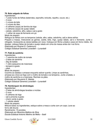 76. Bolo salgado de folhas
Ingredientes:
- 1 prato fundo de folhas (beterraba, espinafre, brócolis, repolho, couve, etc.)
- 3 ovos
- ½ xícara de leite
- ½ xícara de óleo
- 4 colheres (sopa) de farinha de trigo
- 3 colheres (sopa) de queijo ralado
- cebola, cebolinha, alho, salsa e sal a gosto
- 1 colher de sopa de fermento em pó
Modo de preparo:
Refogue as folhas com os temperos (cebola, alho, salsa, cebolinha, sal) e deixe esfriar.
Prepare a massa, misturando as gemas, azeite, leite, trigo, queijo ralado, sal e o fermento. Junte o
refogado. Acrescente as claras batidas em neve. Coloque em fôrma untada e asse em forno médio. Se
desejar, coloque fatias de tomate e queijo ralado em cima da massa antes de ir ao forno.
Elaborado por Rosinei D. Cadamurro
Colégio Estadual Geremia Lunardelli – Lunardelli

77. Patê de sardinha
Ingredientes:
- 1 caixinha de molho de tomate
- 3 latas de sardinha
- 2kg de batata
- 1 vidro (pequeno) de maionese
- tempero à gosto
- pães
Modo de preparo:
Cozinhe as batatas e amasse enquanto estiver quente. Limpe as sardinhas,
amasse-as e leve ao fogo com o molho de tomate e os temperos. Junte a batata, o
molho de sardinha e a maionese. Recheie os pães.
Elaborado por Deuzemir E. Batista
Colégio Estadual Geremia Lunardelli – Lunardelli

78. Hambúrguer de almôndegas
Ingredientes:
- 2 latas de almôndegas lavadas e moídas
- 2 ovos
- 6 colheres de trigo
- sal e pimenta à gosto
- cheiro verde à gosto
- 1 cebola ralada
Modo de preparo:
Misture todos os ingredientes, estique sobre a mesa e corte com um copo. Leve ao
forno até dourar.
Rendimento: 15 porções.
Elaborado por Berenice Balbina da Silva
Escola Estadual Antonio Martins de Mello – Ibaiti

Edson Candido Xavier                             10/4/2009                                       50
 
