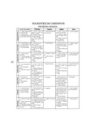 SUGESTÕES DE CARDÁPIOS
                                                              PRIMEIRA SEMANA
                      Café da manhã
                     • 1 colher (sobremesa)     • 1 prato (raso) de • 1 copo (americano) de       • 1 prato (raso) de         • 1 ameixa pequena
     Segunda-feira




                     de requeijão light         salada de rúcula com leite desnatado              acelga com pimentão
                     • ½ pão francês            pepino e palmito                                  • 2 colheres (sobre-
                     • 1 copo (americano) de    • 3 colheres (sopa) de                            mesa) de iogurte desna-
                     suco de melão co m leite   berinjela refogada                                tado
                                                • 1 fatia de peito de
                                                                                                  • 4 colheres (sopa) de
                                                frango com molho de
                                                                                                  atum temperado
                                                maçã
                                                                                                  • 7 grãos de uva
                                                • 1 figo
                     • 2 bolachas água e sal • 1 prato (raso) de     • 1 maçã pequena             • 1 prato (raso) de sa-     • 3 colheres (sopa)
                     • 1 fatia pequena de alface e cebola                                         lada de alface crespa       de ricota
     Terça-feira




                     queijo minas fresco     • 3 colheres (sopa) de                               • omelete com legumes
                     • ½ mamão papaia        beterraba crua ralada                                (1 ovo)
                                             • 1 bife de filé mignon                              • 2 colheres (sopa) rasas
                                             grelhado                                             de arroz
                                             • 1 fatia de manga                                   • ½ goiaba

                     • 1 iogurte natural        • 1 prato (raso) de         • 1 bolacha de água e • 1 prato (fundo) de        • 1 copo (americano)
     Quarta-feira




                     desnatado                  salada de agrião com        sal                   espinafre com frango        de leite desnatado
                     • 1 fatia de pão diet      brócolis                    • 1 colher (chá) de   • 1 fatia média de
                     • 1 colher (sobremesa)     • 1 filé de peito de peru   ricota                melancia
                     de geléia                  • 1 batata pequena
                                                corada
                                                • 1 pêra
10
                     • 1 taça de salada de      • 1 prato (raso) de • 1 fatia de abacaxi          • 1 prato (raso) de • 1 iogurte desnatado
                     frutas                     salada de couve com                               salada de alface com batido com frutas
     Quinta-feira




                     • 1 fatia de queijo        tomate                                            erva-doce
                     branco                     • 2 colheres (sopa) rasas                         • 1 coxa de frango
                     • 1 bolacha de água e      de macarrão parafuso                              assada
                     sal                        com brócolis                                      • 2 colheres (sopa) rasas
                                                • 1 fatia pequena de                              de arroz
                                                carne assada (lagarto)                            • 1 kiwi
                                                • 1 laranja lima

                     • ½ pão francês        • 1 prato (raso) de • 1 nectarina                     • 1 prato (raso) de sa- • 8 morangos
     Sexta-feira




                     • 3 colheres (sopa) de salada de agrião                                      lada de endívia com nabo
                     ricota                 • 3 colheres (sopa) de                                • 3 colheres (sopa) de
                     • 1 fatia grande       beterraba com laranja                                 abobrinha refogada
                     de melão               • 1 filé de peixe gre-                                • 1 bife de filé mignon
                                            lhado (badejo)                                        com molho madeira
                                            • 1 taça de gelatina diet                             • 1 banana pequena

                     • 1 biscoito de aveia      • 1 prato (raso) de sa- • 1 tangerina             • sanduíche natural com • 1 copo (requeijão)
                     • 1 copo (requeijão)       lada de couve-flor com                            2 fatias de pão de centeio, de leite desnatado
     Sábado




                     de leite desnatado         pepino                                            1 fatia de queijo branco,
                     • 1 fatia de mamão         • 1 porção média de                               4 folhas de alface e 2
                                                bacalhau com pimentão
                                                                                                  colheres (sopa) de ce-
                                                • 2 colheres (sopa)
                                                                                                  noura
                                                rasas de arroz
                                                                                                  • 1 fatia de abacaxi
                                                • 1 pêssego
                     • 2 bolachas de água e     • 1 prato (raso) de pal- • 1 iogurte com ameixa   • 1 prato (raso) de        • 1 maçã pequena
                     sal                        mito, aspargo e brócolis diet                     escarola com cogumelo
                                                • 3 colheres (sopa) de                            • 1 tomate recheado
     Domingo




                     • 1 colher (sobremesa)
                     de geléia diet             macarrão talharim com                             com ricota
                     • 1 copo (americano) de    molho                                             • 1 fatia de carne assa-
                     leite desnatado batido     • 1 coxa de frango                                da (lagarto ou coxão duro)
                                                assada                                            • 1 ameixa
                     com frutas
                                                • 1 taça de pudim diet
 