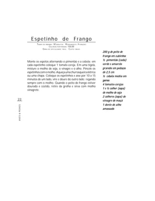 Espetinho                      de         Frango
                       TEMPO DE PREPARO : 30 MINUTOS R ENDIMENTO: 4 PORÇÕES
                                    CALORIAS POR PORÇÃO: 150,00
                             G RAU DE DIFICULDADE: FÁCIL CUSTO: BAIXO
                                                                              200 g de peito de
                                                                              frango em cubinhos
                                                                              ½ pimentão (cada)
                Monte os espetos alternando o pimentão e a cebola; em
                cada espetinho coloque 1 tomate-cereja. Em uma tigela,        verde e amarelo
                misture o molho de soja, o vinagre e o alho. Pincele os       grandes em pedaços
                espetinhos com o molho. Aqueça uma churrasqueira elétrica     de 2,5 cm
                ou uma chapa. Coloque os espetinhos e asse por 10 a 15        ½ cebola média em
                minutos de um lado, vire e doure do outro lado; regando       gomos
                sempre com o molho. Quando o peito de frango estiver
                                                                              4 tomates-cerejas
                dourado e cozido, retire da grelha e sirva com molho
                                                                              1 e ½ colher (sopa)
                vinagrete.
                                                                              de molho de soja
                                                                              2 colheres (sopa) de
22                                                                            vinagre de maçã
                                                                              1 dente de alho
AVES & PEIXES




                                                                              amassado
 