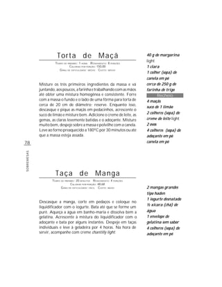 Torta de Maçã                                       40 g de margarina
                      TEMPO DE PREPARO : 1 HORA R ENDIMENTO: 8 PORÇÕES
                                                                           light
                                CALORIAS POR PORÇÃO: 150,00                1 clara
                         G RAU DE DIFICULDADE: MÉDIO CUSTO: MÉDIO
                                                                           1 colher (sopa) de
                                                                           canela em pó
             Misture os três primeiros ingredientes da massa e vá          cerca de 250 g de
             juntando, aos poucos, a farinha e trabalhando com as mãos     farinha de trigo
             até obter uma mistura homogênea e consistente. Forre                 Recheio
             com a massa o fundo e o lado de uma fôrma para torta de       4 maçãs
             cerca de 20 cm de diâmetro; reserve. Enquanto isso,
                                                                           suco de 1 limão
             descasque e pique as maçãs em pedacinhos, acrescente o
             suco de limão e misture bem. Adicione o creme de leite, as    2 colheres (sopa) de
             gemas, as claras levemente batidas e o adoçante. Misture      creme de leite light
             muito bem, despeje sobre a massa e polvilhe com a canela.     2 ovos
             Leve ao forno preaquecido a 180ºC por 30 minutos ou até       4 colheres (sopa) de
             que a massa esteja assada.                                    adoçante em pó
78                                                                         canela em pó
SOBREMESAS




                      Taça de Manga
                    TEMPO DE PREPARO : 20 MINUTOS R ENDIMENTO: 4 PORÇÕES
                                  CALORIAS POR PORÇÃO: 48,68
                          G RAU DE DIFICULDADE: FÁCIL CUSTO: BAIXO         2 mangas grandes
                                                                           tipo haden
                                                                           1 iogurte desnatado
             Descasque a manga, corte em pedaços e coloque no
                                                                           ½ xícara (chá) de
             liquidificador com o iogurte. Bata até que se forme um
             purê. Aqueça a água em banho-maria e dissolva bem a           água
             gelatina. Acrescente à mistura do liquidificador com o        1 envelope de
             adoçante e bata por alguns instantes. Despeje em taças        gelatina sem sabor
             individuais e leve à geladeira por 4 horas. Na hora de        4 colheres (sopa) de
             servir, acompanhe com creme chantilly light.                  adoçante em pó
 