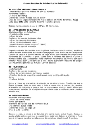 Livro de Receitas da Self-Realization Fellowship                     14


33 – FEIJÕES VEGETARIANOS ASSADOS
1 cebola média picada e tostada em óleo ou manteiga
Acrescente à cebola:
1/4 xícara de ketchup
1 colher de sopa de melado ou Karo escuro
1 lata de feijões vegetarianos (Heinz, feijões cozidos em molho de tomate; 420g)
Loma Linda Little Links (salsicha de carne vegetal ou glúten)

Despeje numa assadeira e asse a 180° por 40-45 minutos.

34 – STROGONOFF DE BATATAS
6 batatas médias em fatias finas
1/2 cebola média picada
1 xícara de leite
2 colheres de sopa de farinha de trigo
1 xícara de creme de leite azedo
1 xícara de queijo cheddar ralado
1 pacote de mistura para strogonoff (40 ml)
2 colheres de sopa de manteiga

Disponha metade das batatas numa frigideira funda ou caçarola untada; espalhe o
creme de leite azedo sobre as batatas e despeje por cima a mistura para strogonoff.
Coloque as cebolas e polvilhe farinha de trigo. Cubra com metade do queijo ralado.
Acrescente sal e pimenta a gosto. Cubra com o restante das batatas e passe a
manteiga sobre elas. Acrescente o leite e tempere novamente, se preciso, com sal e
pimenta. Asse a 190° C por cerca de 1 hora. Retire, cubra com o restante do queijo e
asse novamente por mais 30 minutos. Serve 6 pessoas.

35 – OVOS ROYALE
1 cebola picada
2 colheres de sopa de margarina
1 xícara de tomates cozidos ou frescos, picados
1/2 colher de chá de segurelha ou outra erva como tomilho, sálvia, etc.
4 ovos
1/4 xícara de leite

Doure a cebola na margarina. Acrescente os tomates e ervas. Cozinhe até que o
líquido evapore. Bata os ovos com o leite e acrescente à mistura de tomates.
Acrescente sal e pimenta a gosto e faça os ovos mexidos em fogo médio. (Bom para
se servir com torradas. Se acompanhado por salada verde e molhos torna-se uma boa
refeição leve)

36 – OVOS DE HELEN
6 tomates médios picados
1 xícara de cebola picada
6 ovos bem batidos
3 colheres de sopa de óleo de açafrão ou oliva
1 ½ xícara de queijo ralado
1 colher de chá de sal Vege-Sal
Ervas a gosto (opcional)

Coloque o óleo, a cebola e os tomates em banho-maria; deixe ferver. Coloque o
queijo ralado, deixe-o derreter e acrescente os ovos bem batidos e o tempero. Mexa
tudo e sirva puro ou sobre torrada quente de centeio ou trigo integral. 4 porções.


   www.yogananda.com            www.yogananda.com.br      www.almasdivinas.rg3.net
 