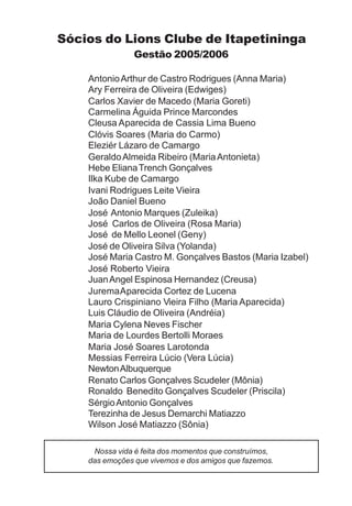 Sócios do Lions Clube de Itapetininga
                Gestão 2005/2006

    Antonio Arthur de Castro Rodrigues (Anna Maria)
    Ary Ferreira de Oliveira (Edwiges)
    Carlos Xavier de Macedo (Maria Goreti)
    Carmelina Águida Prince Marcondes
    Cleusa Aparecida de Cassia Lima Bueno
    Clóvis Soares (Maria do Carmo)
    Eleziér Lázaro de Camargo
    Geraldo Almeida Ribeiro (Maria Antonieta)
    Hebe Eliana Trench Gonçalves
    Ilka Kube de Camargo
    Ivani Rodrigues Leite Vieira
    João Daniel Bueno
    José Antonio Marques (Zuleika)
    José Carlos de Oliveira (Rosa Maria)
    José de Mello Leonel (Geny)
    José de Oliveira Silva (Yolanda)
    José Maria Castro M. Gonçalves Bastos (Maria Izabel)
    José Roberto Vieira
    Juan Angel Espinosa Hernandez (Creusa)
    Jurema Aparecida Cortez de Lucena
    Lauro Crispiniano Vieira Filho (Maria Aparecida)
    Luis Cláudio de Oliveira (Andréia)
    Maria Cylena Neves Fischer
    Maria de Lourdes Bertolli Moraes
    Maria José Soares Larotonda
    Messias Ferreira Lúcio (Vera Lúcia)
    Newton Albuquerque
    Renato Carlos Gonçalves Scudeler (Mônia)
    Ronaldo Benedito Gonçalves Scudeler (Priscila)
    Sérgio Antonio Gonçalves
    Terezinha de Jesus Demarchi Matiazzo
    Wilson José Matiazzo (Sônia)

     Nossa vida é feita dos momentos que construímos,
    das emoções que vivemos e dos amigos que fazemos.
 