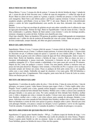 BOLO MOUSSE DE MORANGO

Massa Básica: 5 ovos; 2 xícaras de chá de açúcar; 3 xícaras de chá de farinha de trigo; 1 pitada de
sal; 1 xícara de chá de leite fervente com 1 colher de sopa de margarina e 1 colher de sopa de pó
Royal. Bater as claras em neve, juntar as 5 gemas, o açúcar, a farinha aos poucos e o leite fervendo
com margarina. Bater bem e por último juntar o pó Royal e apenas misturar. Colocar a massa em
assadeira untada e polvilhada e levar ao forno 180° C até assar. Depois de frio e desenformado
retirar o centro de bolo (superficialmente) com auxílio de uma faca, deixando dois dedos nas
laterais
Recheio: Levar ao fogo um envelope de gelatina em pó sem sabor vermelha com 6 colheres de sopa
de água para desmanchar. Retirar do fogo. Bater no liquidificador 1 lata de creme de leite, 1 lata de
leite condensado e a gelatina. Depois de bater juntar a essa mistura ½ caixa de morango picados,
misturar e despejar no centro do bolo. Enfeitar com chantilly por cima.
Glacê tipo chantilly: Bater na batedeira 250 gramas de gordura vegetal hidrogenada em temperatura
ambiente com 1 colher de chá de essência de baunilha até virar um creme. Juntar aos poucos 1 lata
de leite condensado, sempre batendo, até obter um glacê consistente. Utilizar.

BOLO GELADO (NESTLÉ)

Ingredientes: Massa: 4 ovos, 2 xícaras (chá) de açucar, 2 xícaras (chá) de farinha de trigo, 1 colher
(sopa) de fermento em pó. Creme: 2 colheres (sopa) maisena, 4 xícaras (chá) de leite, ½ xícara (chá)
de chocolate em pó, 4 colheres (sopa) de açúcar e 2 pacotes de coco ralado (200 grs). Massa: Na
batedeira, bata as gemas com oito colheres (sopa) de água até ficar esbranquiçado. Junte o açúcar e
deixe bater. Retire da batedeira, misture a farinha de trigo e reserve. Bata as claras em neve e
incorpore delicadamente à massa reservada. Acrescente o fermento em pó e despeje em uma
assadeira retangular (23 x 32cm) untada e enfarinhada e leve para assar por cerca de 30 minutos.
Depois de frio, corte em pedaços e reserve. Creme: Em uma panela, misture a maisena com um
pouco de leite para dissolver. Despeje o leite restante, o Chocolate em Pó e o açúcar e leve ao fogo,
mexendo sempre até formar um creme. Passe os pedaços de bolo pelo creme frio e, em seguida,
cubra com o coco ralado. Embrulhe em papel de alumínio e leve para gelar. DICAS:Substitua a
água do bolo por leite. Congelamento: Para congelar, junte meia lata de Creme de Leite ao creme.
Deixe em freezer por até 3 meses.

RECEITA DE BOLO GELADO

Ingredientes: 2 caixinhas de pudim sabor de côco, 1 litro de leite, 2 latas de creme de leite, 1 lata de
pêssegos, uva passa à gosto, vinho branco licoroso para regar o bolo e 2 bolos inglês sabor côco.
Preparo: Fazer o pudim com o leite, quando esfriar despejar a metade num pirex grande. Colocar
por cima uma camada de bolo (fatiado bem fininho). Molhar com o vinho e colocar uma camada de
pêssegos fatiados e uva passa por cima. Por outra camada de bolo (fatiado bem fininho), molhar
com o vinho e despejar por cima o restante do pudim. Colocar mais uma camada de bolo (fatiado
bem fininho), molhar com o vinho e por cima colocar outra camada de pêssegos fatiados e uva
passa. Adicionar mais uma camada de bolo (fatiado bem fininho), molhar com o vinho e por último,
bater na batedeira o creme de leite com açúcar (à gosto) e despejar sobre o pirex. Decorar por cima
com pêssegos fatiados, uva passa e cerejas (se desejar). Levar à geladeira e servir no dia seguinte.
Total de camadas: 4 camadas de bolo, 2 camadas de pudim e 3 camadas de pêssegos e uva passa.

RECEITA BOLINHOS DE QUEIJO PRATO ITAMBÉ

Ingredientes:1/2 queijo prato Itambé (lanche - 500 g) , 2 colheres (sopa) de farinha de trigo, 1 ovo
inteiro, 1 colherinha (chá) de sal e 1 colherinha rasa (café) de pimenta do reino branca. Preparo:
Passar o queijo prato Itambé no ralo ou amassar. Juntar os outros ingredientes misturando bem.
Fazer bolinhas, passar na farinha de rosca e fritar em óleo quente.
 
