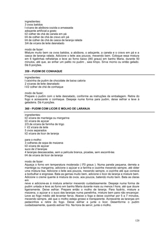 ingredientes:
3 ovos batidos
l xícara de abóbora cozida a amassada
adoçante artificial a gosto
l/2 colher de chá de canela em pá
l/4 de colher de chá de cravo em pá
l/4 de colher de chá de casca de laranja ralada
3/4 de xícara de leite desnatado

modo de fazer:
Misture muito bem os ovos batidos, a abóbora, o adoçante, a canela e o cravo em pá e a
casca de laranja ralada. Adicione o leite aos poucos, mexendo bem. Coloque essa mistura
em 6 tigelinhas refratárias e leve ao forno baixo (l40 graus) em banho Maria, durante 50
minutos, até que, ao enfiar um palito no pudim , saia limpo. Sirva morno ou então gelado.
Dá 6 porções.

359 - PUDIM DE CONHAQUE

ingredientes:
l caixinha de pudim de chocolate de baixa caloria
2 xícaras de leite desnatado
l l/2 colher de chá de conhaque

modo de fazer;
Prepare o pudim com o leite desnatado, conforme as instruções da embalagem. Retire do
fogo e acrescente o conhaque. Despeje numa forma para pudim, deixe esfriar e leve à
geladeira. Dá 4 porções.

360 - PUDIM COM LICOR E MOLHO DE LARANJA

ingredientes:
l/2 xícara de manteiga ou margarina
l/2 xícara de açúcar
2/3 de xícara de farinha de trigo
l l/2 xícara de leite
5 ovos separados
l/2 xícara de licor de laranja

para o molho:
3 colheres de sopa de maizena
l/2 xícara de açúcar
suco de 2 laranjas
4 laranjas descascadas, sem a película branca, picadas, sem escorrê-las
l/4 de xícara de licor de laranja

modo de fazer:
Aqueça o forno em temperatura moderada ( l70 graus ). Numa panela pequena, derreta a
manteiga ou margarina, adicione o açúcar e a farinha e cozinhe mexendo sempre, até obter
uma mistura lisa. Adicione o leite aos poucos, mexendo sempre, e cozinhe até que comece
a borbulhar e engrosse. Bata as gemas muito bem, adicione o licor de laranja e misture bem.
Adicione o creme quente à mistura de ovos, aos poucos, batendo muito bem. Bata as claras
em
neve e adicione-as à mistura anterior mexendo cuidadosamente. Despeje numa forma de
pudim untada e leve ao forno em banho Maria durante mais ou menos l hora, até que doure
ligeiramente. Deixe esfriar. Prepare então o molho de laranja. Para fazê-lo, misture a
maizena, o açúcar e o suco das laranjas numa panelinha, misture bem para não encaroçar.
Leve ao fogo médio até levantar ferva. Abaixe o fogo e deixe cozinhar por 5 a 7 minutos,
mexendo sempre, até que o molho esteja grosso e transparente. Acrescente as laranjas em
pedacinhos e retire do fogo. Deixe esfriar e junte o licor. Desenforme o pudim
cuidadosamente, quando estiver frio. Na hora de servir, junte o molho.




                                                                                       120
 
