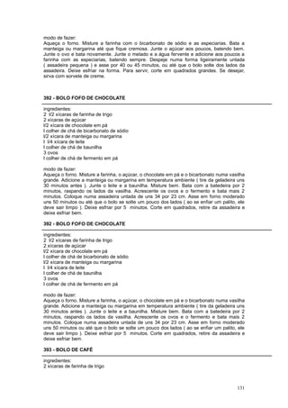 modo de fazer:
Aqueça o forno. Misture a farinha com o bicarbonato de sódio e as especiarias. Bata a
manteiga ou margarina até que fique cremosa. Junte o açúcar aos poucos, batendo bem.
Junte o ovo e bata novamente. Junte o melado e a água fervente e adicione aos poucos a
farinha com as especiarias, batendo sempre. Despeje numa forma ligeiramente untada
( assadeira pequena ) e asse por 40 ou 45 minutos, ou até que o bolo solte dos lados da
assadeira. Deixe esfriar na forma. Para servir, corte em quadrados grandes. Se desejar,
sirva com sorvete de creme.



392 - BOLO FOFO DE CHOCOLATE

ingredientes:
2 l/2 xícaras de farinha de trigo
2 xícaras de açúcar
l/2 xícara de chocolate em pá
l colher de chá de bicarbonato de sódio
l/2 xícara de manteiga ou margarina
l l/4 xícara de leite
l colher de chá de baunilha
3 ovos
l colher de chá de fermento em pá

modo de fazer:
Aqueça o forno. Misture a farinha, o açúcar, o chocolate em pá e o bicarbonato numa vasilha
grande. Adicione a manteiga ou margarina em temperatura ambiente ( tire da geladeira uns
30 minutos antes ). Junte o leite e a baunilha. Misture bem. Bata com a batedeira por 2
minutos, raspando os lados da vasilha. Acrescente os ovos e o fermento e bata mais 2
minutos. Coloque numa assadeira untada de uns 34 por 23 cm. Asse em forno moderado
uns 50 minutos ou até que o bolo se solte um pouco dos lados ( ao se enfiar um palito, ele
deve sair limpo ). Deixe esfriar por 5 minutos. Corte em quadrados, retire da assadeira e
deixe esfriar bem.

392 - BOLO FOFO DE CHOCOLATE

ingredientes:
2 l/2 xícaras de farinha de trigo
2 xícaras de açúcar
l/2 xícara de chocolate em pá
l colher de chá de bicarbonato de sódio
l/2 xícara de manteiga ou margarina
l l/4 xícara de leite
l colher de chá de baunilha
3 ovos
l colher de chá de fermento em pá

modo de fazer:
Aqueça o forno. Misture a farinha, o açúcar, o chocolate em pá e o bicarbonato numa vasilha
grande. Adicione a manteiga ou margarina em temperatura ambiente ( tire da geladeira uns
30 minutos antes ). Junte o leite e a baunilha. Misture bem. Bata com a batedeira por 2
minutos, raspando os lados da vasilha. Acrescente os ovos e o fermento e bata mais 2
minutos. Coloque numa assadeira untada de uns 34 por 23 cm. Asse em forno moderado
uns 50 minutos ou até que o bolo se solte um pouco dos lados ( ao se enfiar um palito, ele
deve sair limpo ). Deixe esfriar por 5 minutos. Corte em quadrados, retire da assadeira e
deixe esfriar bem.

393 - BOLO DE CAFÉ

ingredientes:
2 xícaras de farinha de trigo



                                                                                       131
 