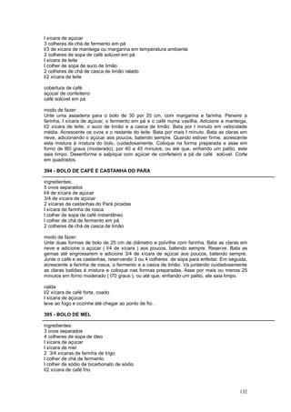 l xícara de açúcar
3 colheres de chá de fermento em pá
l/3 de xícara de manteiga ou margarina em temperatura ambiente
2 colheres de sopa de café solúvel em pá
l xícara de leite
l colher de sopa de suco de limão
2 colheres de chá de casca de limão ralado
l/2 xícara de leite

cobertura de café
açúcar de confeiteiro
café solúvel em pá

modo de fazer:
Unte uma assadeira para o bolo de 30 por 20 cm, com margarina e farinha. Peneire a
farinha, l xícara de açúcar, o fermento em pá e o café numa vasilha. Adicione a manteiga,
l/2 xícara de leite, o suco de limão e a casca de limão. Bata por l minuto em velocidade
média. Acrescente os ovos e o restante do leite. Bata por mais l minuto. Bata as claras em
neve, adicionando o açúcar aos poucos, batendo sempre. Quando estiver firme, acrescente
esta mistura à mistura do bolo, cuidadosamente. Coloque na forma preparada e asse em
forno de l80 graus (moderado), por 40 a 45 minutos, ou até que, enfiando um palito, este
saia limpo. Desenforme e salpique com açúcar de confeiteiro e pá de café solúvel. Corte
em quadrados.

394 - BOLO DE CAFÉ E CASTANHA DO PARA

ingredientes:
5 ovos separados
l/4 de xícara de açúcar
3/4 de xícara de açúcar
2 xícaras de castanhas do Pará picadas
l xícara de farinha de rosca
l colher de sopa de café instantâneo
l colher de chá de fermento em pá
2 colheres de chá de casca de limão

modo de fazer:
Unte duas formas de bolo de 25 cm de diâmetro e polvilhe com farinha. Bata as claras em
neve e adicione o açúcar ( l/4 de xícara ) aos poucos, batendo sempre. Reserve. Bata as
gemas até engrossarem e adicione 3/4 de xícara de açúcar aos poucos, batendo sempre.
Junte o café e as castanhas, reservando 3 ou 4 colheres de sopa para enfeitar. Em seguida,
acrescente a farinha de rosca, o fermento e a casca de limão. Vá juntando cuidadosamente
as claras batidas à mistura e coloque nas formas preparadas. Asse por mais ou menos 25
minutos em forno moderado ( l70 graus ), ou até que, enfiando um palito, ele saia limpo.

calda
l/2 xícara de café forte, coado
l xícara de açúcar
leve ao fogo e cozinhe até chegar ao ponto de fio .

395 - BOLO DE MEL

ingredientes:
3 ovos separados
4 colheres de sopa de óleo
l xícara de açúcar
l xícara de mel
2 3/4 xícaras de farinha de trigo
l colher de chá de fermento
l colher de sódio de bicarbonato de sódio
l/2 xícara de café frio



                                                                                      132
 