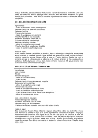 mistura de farinha, as castanhas do Pará picadas e o leite à mistura de abobrinha. Unte uma
forma de buraco no meio e despeje nela a mistura. Asse em forno moderado l70 graus
durante mais ou menos l hora. Misture todos os ingredientes da cobertura e despeje sobre o
bolo já frio.

401 - BOLO DE ABOBRINHA SEM LEITE

ingredientes:
l xícara de abobrinha ralada no ralo grosso
2 xícaras de açúcar mascavo ou comum
2 xícaras de água
l/2 xícara de manteiga
l xícara de uva passa, sem semente
l/2 colher de chá de noz moscada
2 colheres de chá de canela em pá
l/2 colher de chá de cravo em pá
3 xícaras de farinha de trigo
l colher de chá de fermento em pá
l/2 colher de chá de bicarbonato de sódio
l xícara de castanha do Pará picadas

modo de fazer:
Numa panela, misture a abobrinha, o açúcar, a água, a manteiga ou margarina, a uva passa,
a noz moscada, a canela e o cravo. Leve ao fogo até levantar fervura e cozinhe durante 3
minutos, mexendo sempre. Deixe esfriar e reserve. Peneire juntos a farinha de trigo, o
fermento em pá e o bicarbonato, e adicione-os à mistura anterior, já fria. Acrescente as
castanhas do Pará picadas e mexa bem. Asse em forno moderado l70 graus durante mais
ou menos l hora, em forma de bolo inglês.

402 - BOLO DE ABOBRINHA COM ABACAXI

ingredientes:
para a massa:
3 ovos
2 xícaras de açúcar
l colher de chá de baunilha
l xícara de óleo
2 xícaras de abobrinha, descascada e moída
3 xícara de farinha de trigo
l colher de chá de fermento em pá
l/2 xícara de uva passa
l colher de chá de bicarbonato de sódio
l xícara de castanhas do Pará picadas
l xícara de abacaxi em calda, escorrido e bem picado
l colher de chá de canela em pá

para a cobertura de requeijão
l/2 copo de requeijão cremoso
2 colheres de chá de suco de limão
2 xícaras de açúcar de confeiteiro
l/2 xícara de abacaxi em calda bem escorrido e bem picado

modo de fazer:
Bata os ovos até ficarem fofos. Adicione o açúcar, a baunilha, o óleo e a abobrinha e mexa
bem. Adicione a farinha de trigo e os outros ingredientes e misture muito bem. Despeje a
massa em duas formas de bolo inglês de 25 cm por ll cm por 8 cm, untadas, e asse em
forno moderado l70 graus, durante mais ou menos l hora. Faça então a cobertura: misture o
requeijão com o suco de limão. Mexa bem e junte açúcar de confeiteiro aos poucos,
mexendo sempre. Por último, acrescente o abacaxi e misture levemente. Espalhe sobre
todo o bolo.




                                                                                       135
 