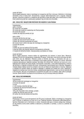 modo de fazer:
Numa tigela pequena, bata a manteiga ou margarina até ficar cremosa. Adicione o chocolate
derretido e frio e mexa bem .Acrescente o açúcar alternadamente com o iogurte, batendo
sempre. Adicione a gema e a essência de baunilha e bata até obter uma mistura leve e fofa.
Esta cobertura pode ser usada para qualquer tipo de bolo de chocolate.

405 - BOLO DE MAÇÃ COM RECHEIO DE NOZES E UVA PASSA

ingredientes:
para o recheio
l/2 xícara de uva passa
l/2 xícara de nozes ou castanhas do Pará picadas
l/2 xícara de açúcar
l colher de sopa de canela em pá

para o bolo
2 xícaras de farinha de trigo
l colher de chá de fermento em pá
l colher de chá de bicarbonato de sódio
l/2 xícara mais l colher de sopa de manteiga ou margarina
l xícara de açúcar
2 ovos
l colher de chá de essência de baunilha
l copa de 200 g de iogurte natural à temperatura ambiente
2 maçãs de tamanho médio, descascadas e cortadas em fatias

modo de fazer:
Numa tigela pequena, misture todos os ingredientes do recheio e mexa bem. Reserve.
Aqueça o forno em temperatura moderada l70 graus. Unte bem uma forma de torta de abrir
com 22,5 cm de diâmetro. Peneire juntos a farinha de trigo, o fermento em pá e o
bicarbonato. Bata muito bem a manteiga numa tigela grande, até obter um creme. Adicione
o açúcar aos poucos, batendo sempre, até obter um creme fofo. Adicione os ovos um a um,
batendo bem depois de cada adição. Acrescente a baunilha. Junte alternadamente a mistura
de farinha e o iogurte à mistura de ovos, começando e terminando com a farinha. Despeje a
metade dessa massa na forma untada e arrume as fatias de maçã sobre a mesma. Salpique
a metade do recheio sobre as maçãs e despeje o restante da massa por cima. Salpique o
restante do recheio por cima da massa, pressionando ligeiramente. Leve ao forno durante 40
a 45 minutos, até que, ao pressionar a superfície do bolo com os dedos, este volte à posição
normal. Deixe esfriar na própria forma durante uns 30 minutos antes de retirá-lo.

406 - BOLO DE MÁRMORE

ingredientes:
3/4 de xícara de manteiga ou margarina
2 xícaras de açúcar
4 ovos
2 2/3 xícaras e farinha de trigo
4 colheres de chá de fermento em pá
l xícara de leite
120 g de chocolate meio amargo, picado
l colher de chá de cravo em pá
l/2 colher de chá de extrato de baunilha

modo de fazer:
Preaqueça o forno numa temperatura de l70 graus moderado. Bata a manteiga ou margarina
com o açúcar, e adicione os ovos um a um, batendo sempre. Acrescente alternadamente a
farinha misturada com o fermento e o leite, mexendo até que a mistura esteja lisa. Coloque
l/3 da mistura numa outra vasilha e adicione o chocolate, a canela, o cravo e o extrato de
baunilha,




                                                                                        137
 