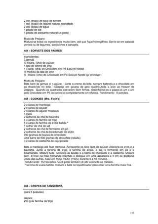 2 col. (sopa) de suco de tomate
1 col. (sopa) de iogurte natural desnatado
2 col. (sopa) de água
1 pitada de sal
1 pitada de adoçante natural (a gosto)

Modo de Preparo:
Mistura-se todos os ingredientes muito bem, até que fique homogêneo; Serve-se em saladas
verdes ou de legumes, sanduíches e canapés.

464 - SORVETE DOS PADRES

Ingredientes:
3 gemas
½ xícara. (chá) de açúcar
1 lata de creme de leite
1 xícara. (chá) de Chocolate em Pó Solúvel Nestlé
½ medida da lata de leite
½ xícara. (chá) de Chocolate em Pó Solúvel Nestlé (p/ envolver)

Modo de Preparo:
Bata bem as gemas c/ o açúcar. Junte o creme de leite, sempre batendo e o chocolate em
pó dissolvido no leite. Despeje em gaveta de gelo quadriculada e leve ao freezer de
véspera. Quando os quadrados estiverem bem firmes, desenforme-os e passe-os um a um
pelo Chocolate em Pó deixando-os completamente envolvidos. Rendimento: 6 porções.

465 - COOKIES (Mrs. Field's)

2 xícaras de manteiga
2 xícaras de açúcar
2 xícaras de açúcar mascavo
4 ovos
2 colheres de chá de baunilha
4 xícaras de farinha de trigo
5 xícaras de farinha de aveia batida *
1 colher de chá de sal
2 colheres de chá de fermento em pó
2 colheres de chá de bicarbonato de sódio
700 gramas de lascas de chocolate
uma barra de 500 gramas de chocolate (ralada)
3 xícaras de castanha-de-caju picada

Bata a manteiga até ficar cremosa. Acrescente os dois tipos de açúcar. Adicione os ovos e a
baunilha. Junte a farinha de trigo, a farinha de aveia, o sal, o fermento em pó e o
bicarbonato. Misture tudo. Adicione as lascas e a barra de chocolate e a castanha. Misture
bem. Enrole na mão formando bolinhas e coloque em uma assadeira a 5 cm de distância
umas das outras. Asse em forno médio (190C) durante 6 a 10 minutos.
 Rendimento: 112 biscoitos. Você pode também dividir a receita na metade.
 * farinha de aveia batida: misture e bata no liqüidificador para obter uma farinha mais fina.




466 - CREPES DE TANGERINA

(para 6 pessoas)

crepes;
250 g de farinha de trigo



                                                                                          156
 