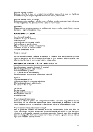 Modo de preparar o molho
Coloque a farinha de trigo em uma jarrinha refratária e acrescente a água e o líquido da
marinada. Leve para engrossar por três a cinco minutos na potência alta.

Modo de preparar o purê de maçãs
Coloque as maçãs, o açúcar e o limão em um refratário com tampa e cozinhe por oito a dez
minutos na potência alta. Espere amornar e bata no liqüidificador.

Montagem
Sirva o peito de peru acompanhado do purê de maçã e com o molho à parte. Decore com os
damascos e a pimenta dedo-de-moça.

479 - BATATAS COLORIDAS

Ingredientes (8 porções)
2 colheres de sopa de manteiga
1 cebola picada
1 pimentão vermelho grande, picado
1 pimentão verde grande, picado
50 g de uvas passas brancas sem sementes
2 colheres de sopa de salsinha picada
500 g de batata palha pronta

Modo de preparar

Em um refratário grande, coloque a manteiga, a cebola e leve ao microondas por três
minutos na potência alta. Acrescente os pimentões, as uvas passas, a salsinha e deixe mais
três minutos. Na hora de servir, misture com a batata palha.

480 - ZABAIONE DE MARACUJÁ COM CASSIS E FRUTAS

Ingredientes para a gelatina de cassis (8 pessoas)
6 folhas de gelatina sem sabor vermelha
1 xícara de chá de água fria
1/2 xícara de chá de licor de cassis
Ingredientes para a espuma de zabaione de maracujá

6 gemas
1 xícara de chá de açúcar
1 xícara de chá de suco de maracujá natural
6 folhas de gelatina sem sabor, incolor
1/2 xícara de chá de água

Decoração
Cerejas frescas
Mangas cortadas em cubos
Kiwis cortados em cubos
Folhas de hortelã

Preparo da gelatina de cassis
Coloque as folhas de gelatina em uma jarrinha refratária, acrescente a água fria e leve ao
microondas por um minuto na potência alta. Retire, misture bem e acrescente o licor de
cassis. Coloque em uma forma de bolo inglês molhada e leve ao refrigerador para gelar.

Preparo da espuma de zabaione de maracujá
Bata as gemas em batedeira até dobrarem de volume e acrescente o açúcar. Bata mais um
pouco e adicione o maracujá. Passe para um refratário alto e leve ao microondas por quatro
minutos, na potência alta, mexendo no meio do cozimento. Enquanto isso, deixe a gelatina
de molho na água fria. Retire o creme do microondas, acrescente a gelatina e mexa até que
fique bem derretida. Espere amornar.




                                                                                      163
 